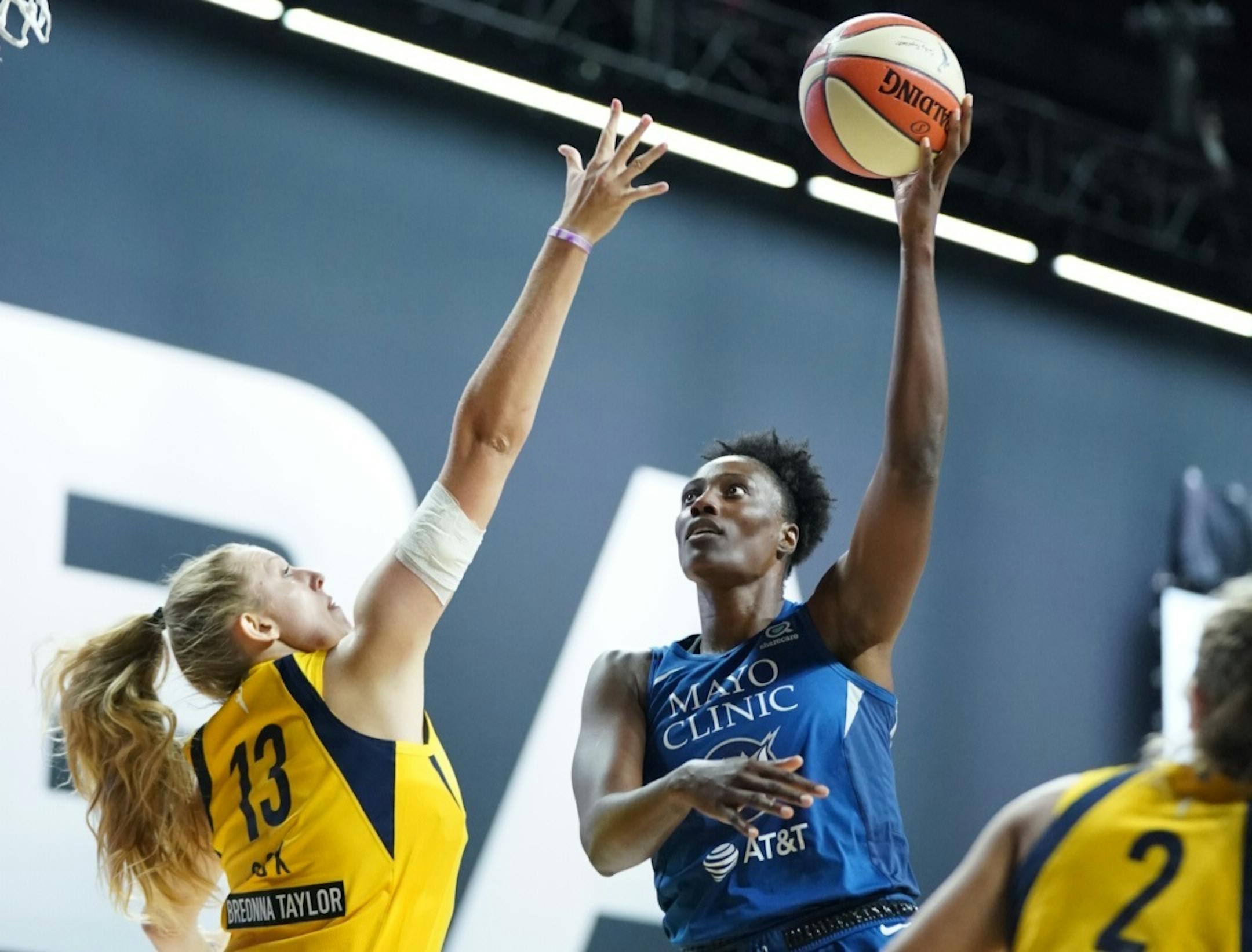 Lynx center Sylvia Fowles went up for a shot against the Indiana Fever's Lauren Cox on Friday, Aug. 7, 2020, at IMG Aacademy in Bradenton, Fla.