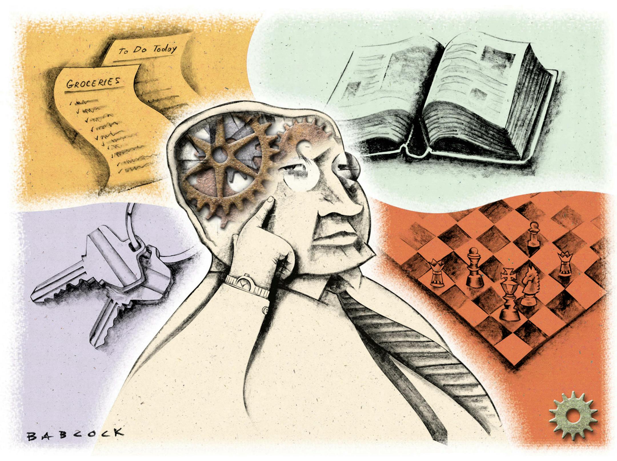 300 dpi 4 col x 5.75 in / 196x146 mm / 667x497 pixels John Babcock color illustration of an inside look to the cogs in a man's brain searching separate areas of memory for his to-do lists, books, chess game and keys. For stories on memory, brain. The Kansas City Star 2002 <p> KEYWORDS: memory brain remembering remember key chess book list cog think alzheimers illustration cerebro memoria recuerdo llave ajedrez libro lista ilustracion grabado contributed kc babcock 2002