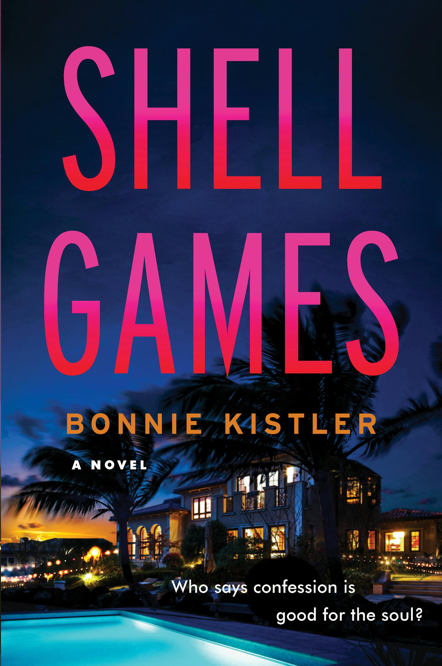 cover of Shell Games depicts wind-tosses palm trees, a mansion and a pool