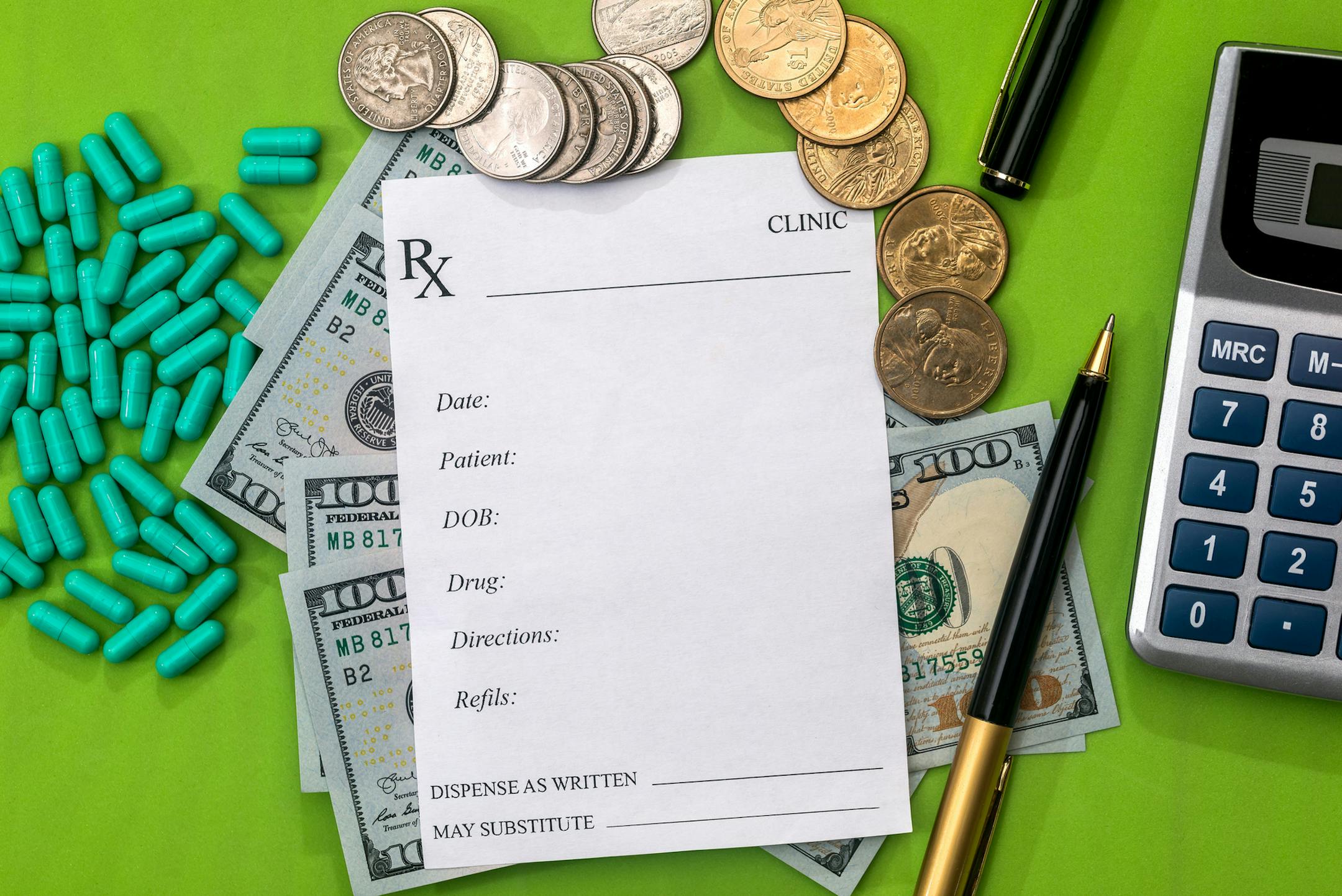 Green money caps and an empty Rx recipe