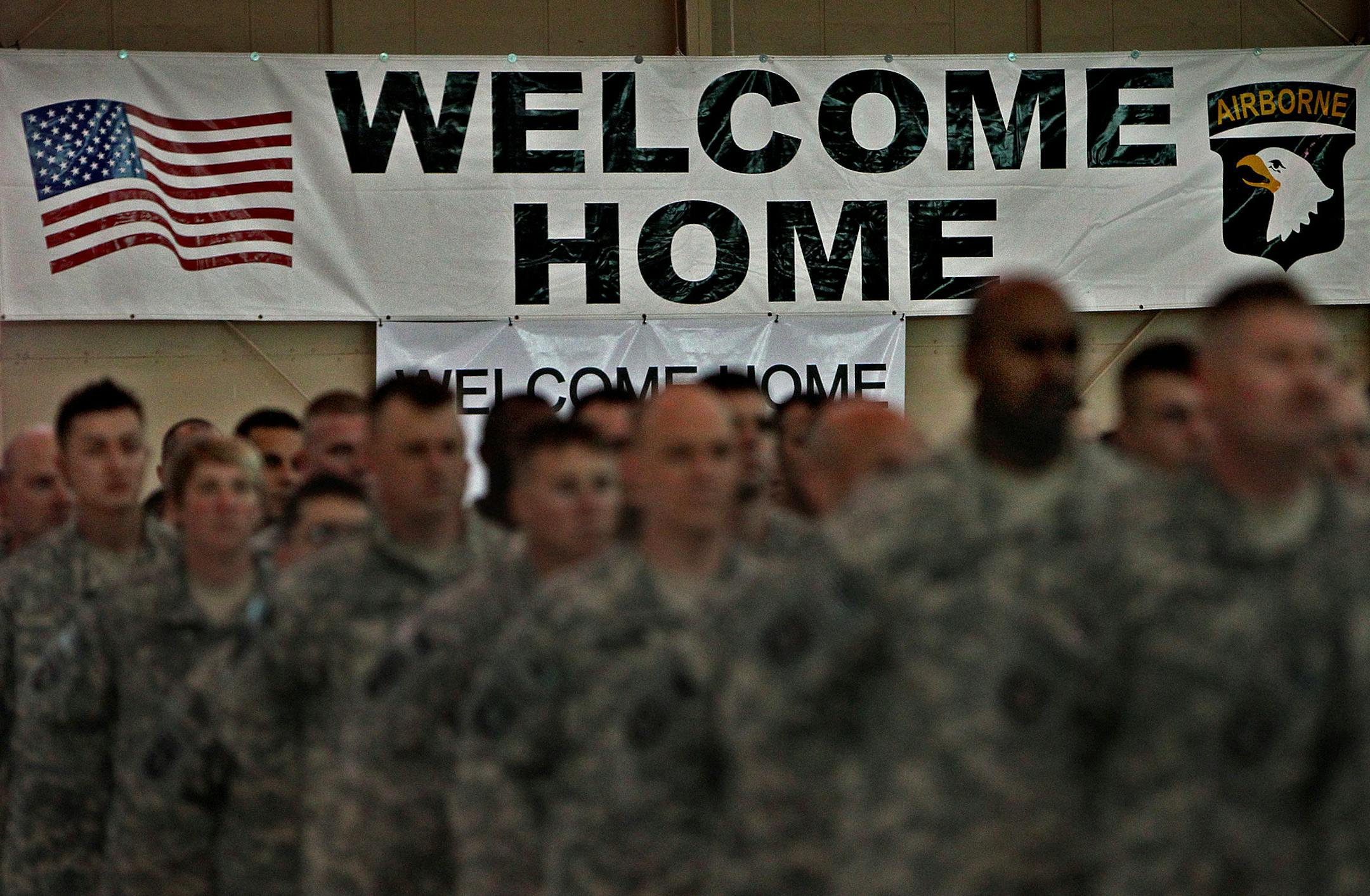 JIM GEHRZ • jgehrz@startribune.com Fort Campbell, KY/February 14, 2011/11:00 AM Nearly 300 soldiers from the 3rd Brigade returned home to Fort Campbell, Kentucky, on Valentine's Day after serving a year-long, overseas deployment in Afghanistan in support of Operation Enduring Freedom. The soldiers were greeted by hundreds of enthusiastic family members and relatives. Troops were offered a yellow rose that they could then share with a loved one as they were reunited in a hanger at the Fort