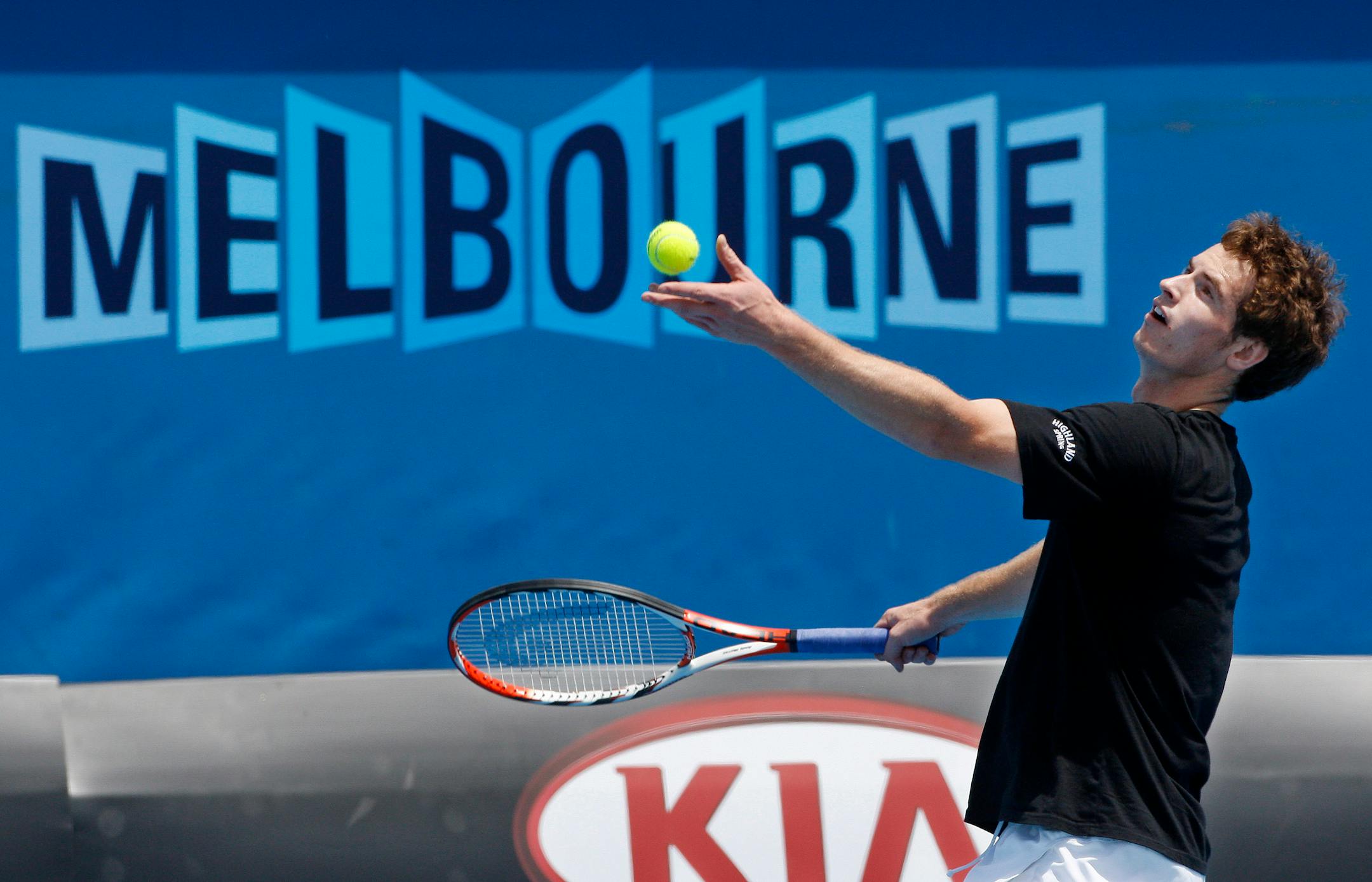 Britain's Andy Murray serves during a practice session in preparation for the Australian Open tennis tournament in Melbourne, Australia, Friday, Jan. 16, 2009. The season's first Grand Slam event begins here on Monday Jan. 19.