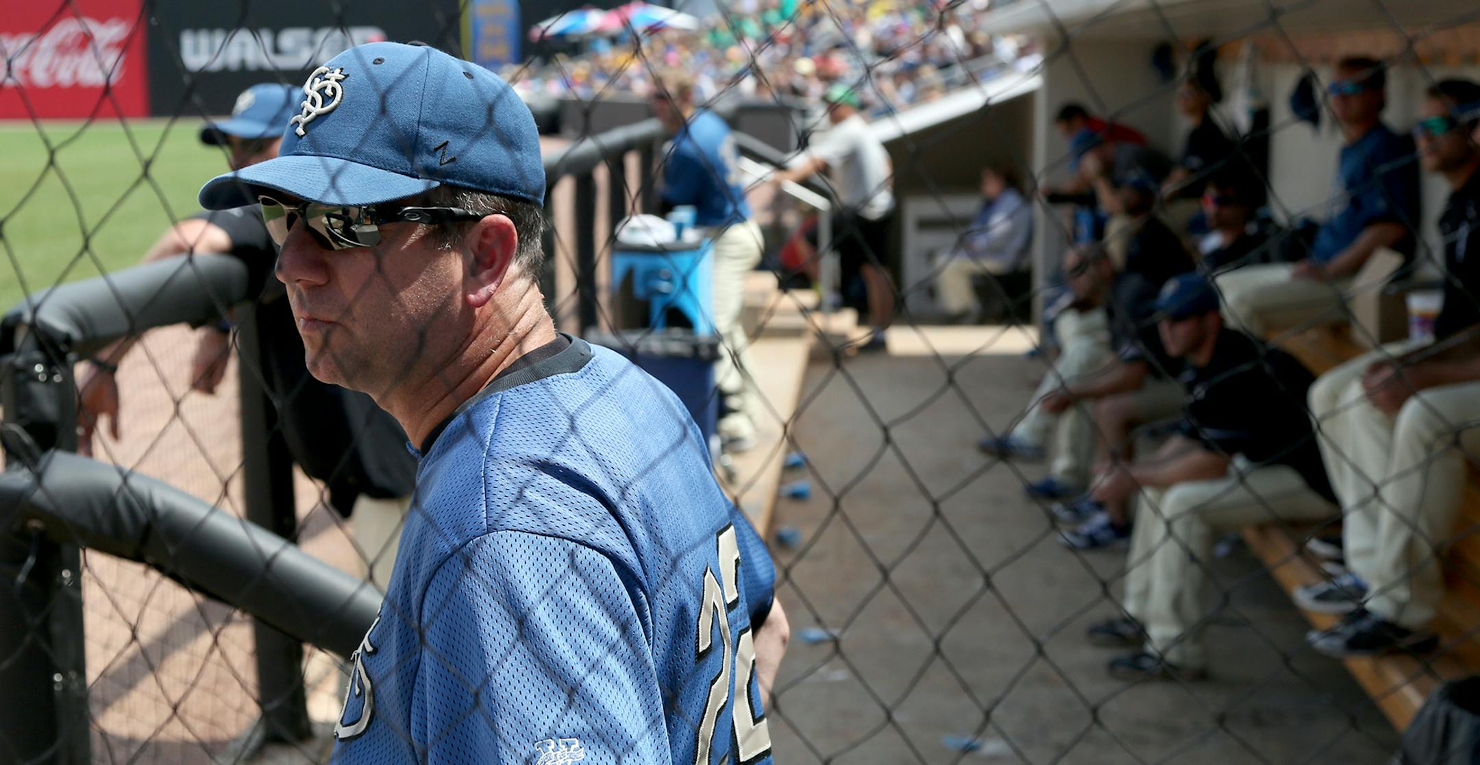 The Saints manager George Tsamis watched the action on the field as his team played the Sioux City Explorers. ] (KYNDELL HARKNESS/STAR TRIBUNE) kyndell.harkness@startribune.com Saints vs the Explorers CHS Field in St Paul, Min., Wednesday, June 24, 2015. ORG XMIT: MIN1506241926521226
