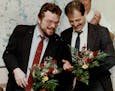 April 12, 1990: Star Tribune reporters Lou Kilzer and Chris Ison were presented with flowers after it was announced that they had won the Pulitzer Pri