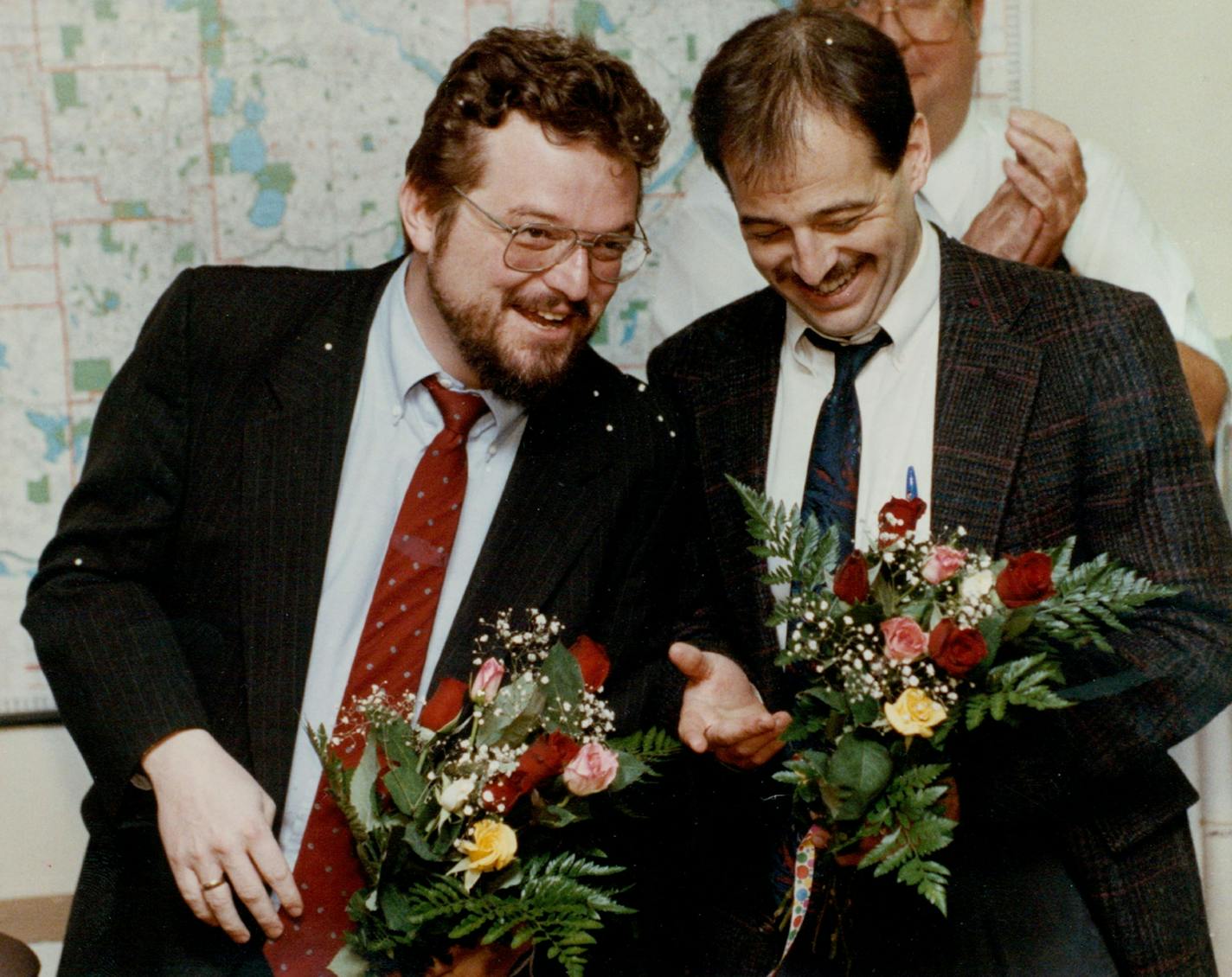 April 12, 1990: Star Tribune reporters Lou Kilzer and Chris Ison were presented with flowers after it was announced that they had won the Pulitzer Prize for Investigative Reporting.