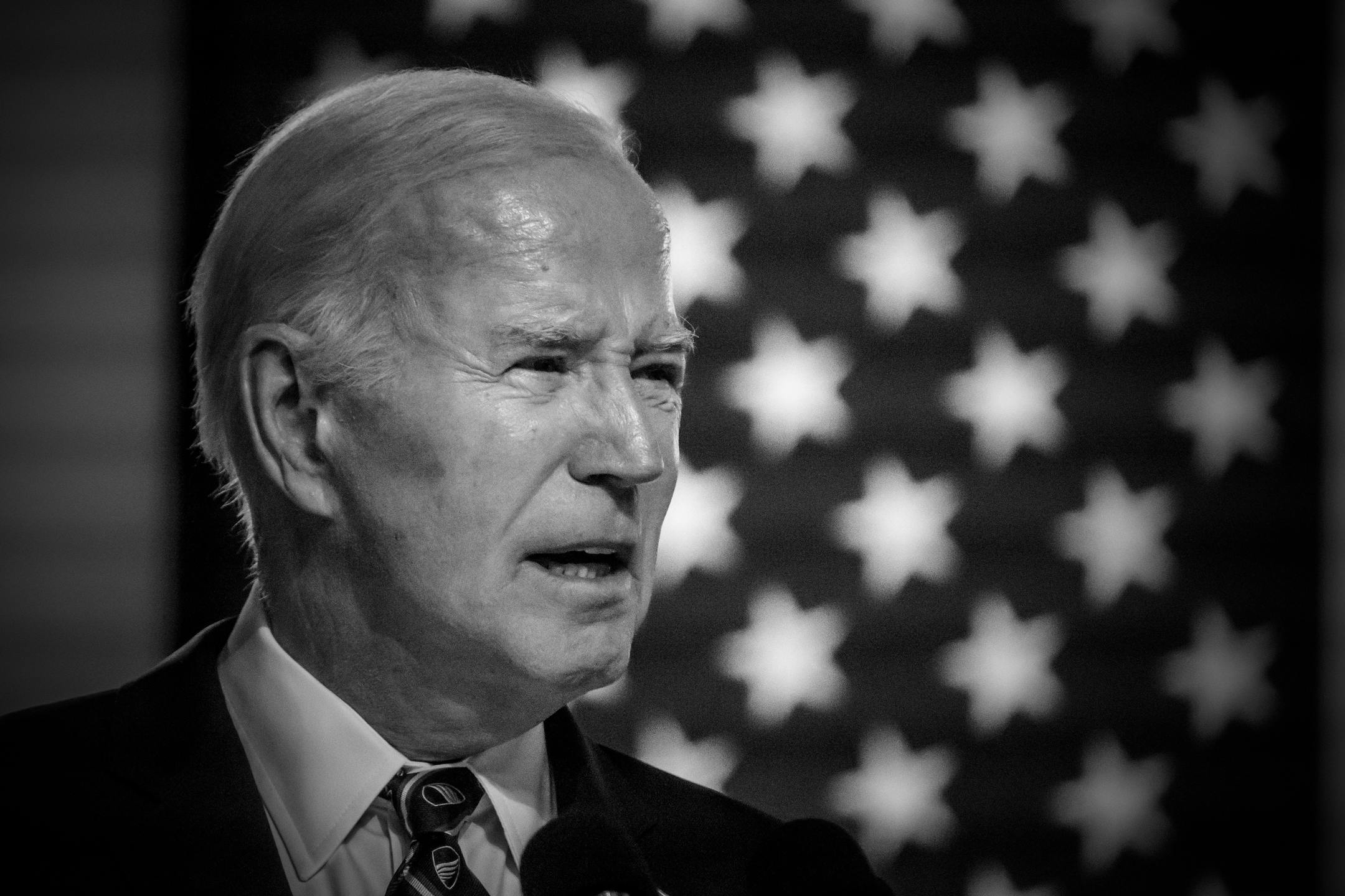 President Joe Biden delivers his first campaign speech of 2024, in which he warns the nation against the threat he and his campaign believe former President Donald Trump poses to democracy, near Valley Forge, Pa., Jan. 5, 2024. "Mr. Biden's address performed a crucial civic service, not only by channeling the public's revulsion at a flagrant narcissist who won't take no for an answer, but also by forthrightly stating just what could happen to the United States if that narcissist wins again," writes New York Times columnist Jesse Wegman. (Mark Peterson/The New York Times)