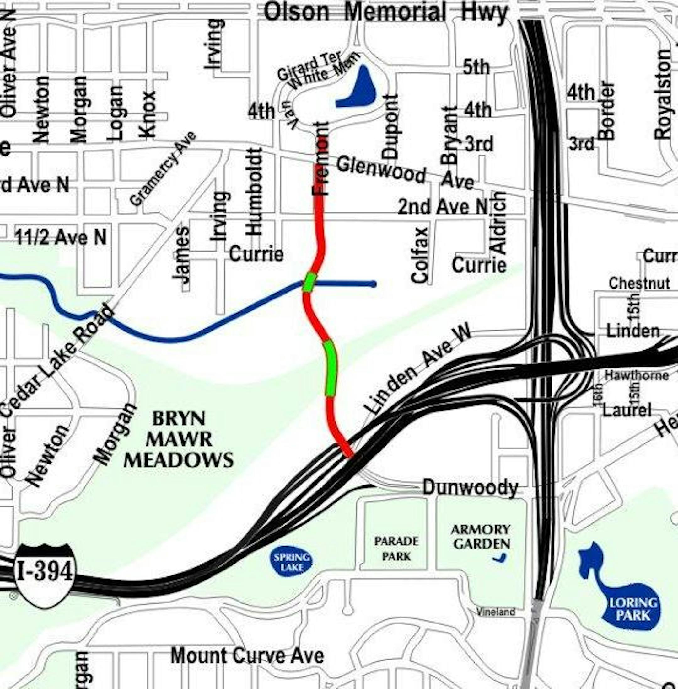 The new portion of Van White Boulevard (green) with bridges in red.