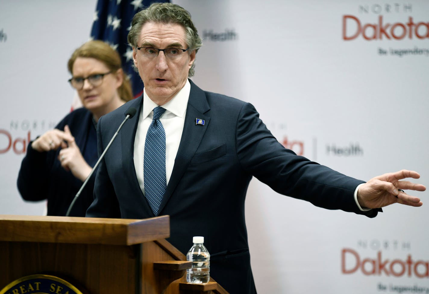 In this March 27, 2020, photo, North Dakota Gov. Doug Burgum spoke during a news conference about the COVID-19 crisis.