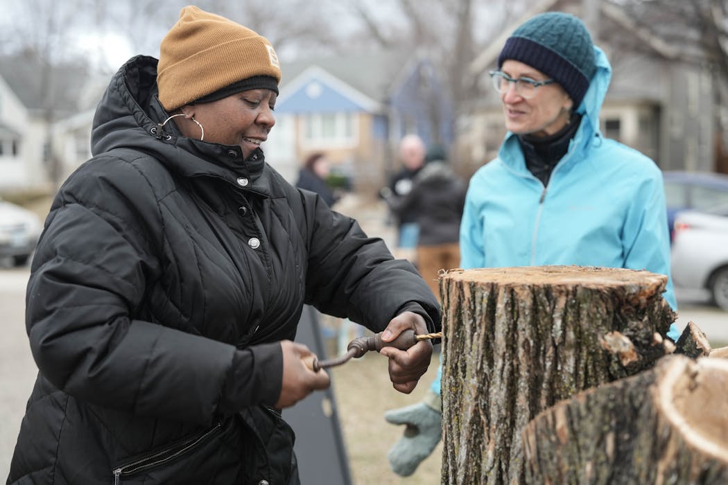 Michele Jones, left, drills practice holes at the community boil with neighbor Kristi Anderson, an Urban Sap Tap member. Jones said she took her children to learn how maple tapping was done at Wood Lake Nature Center in Richfield many years ago and was delighted to see collection happening in her own neighborhood park.