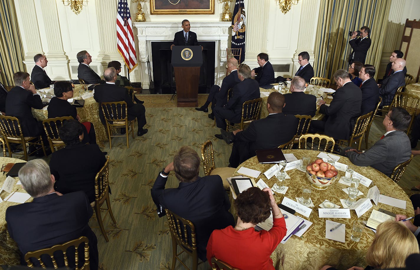 President Barack Obama speaks during a meeting with governors in the State Dining Room of the White House in Washington, Monday, Feb. 22, 2016. (AP Photo/Susan Walsh) ORG XMIT: MIN2016022217585505