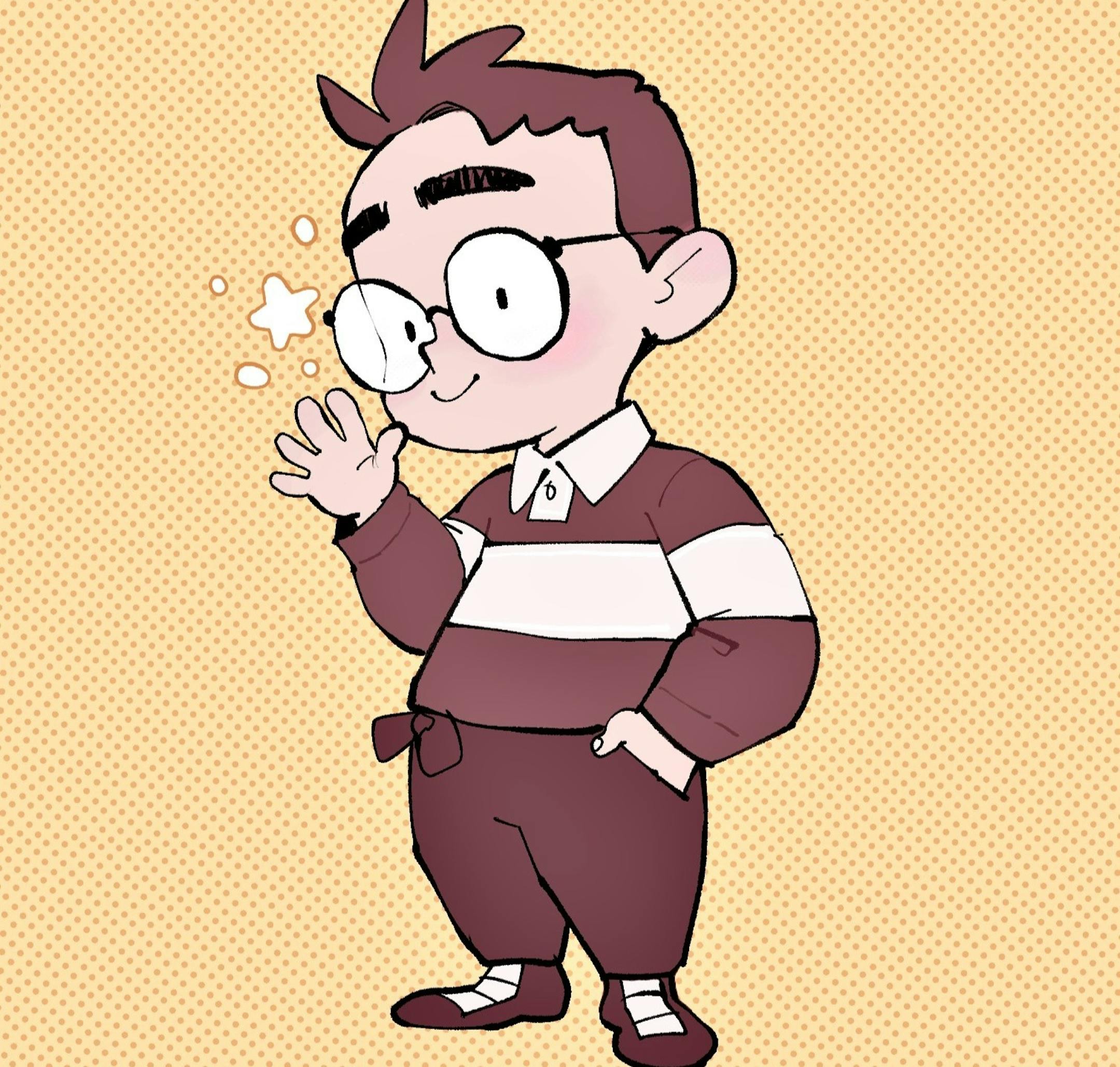 cartoon of a person in a striped shirt, wearing round, wire-rimmed glasses.