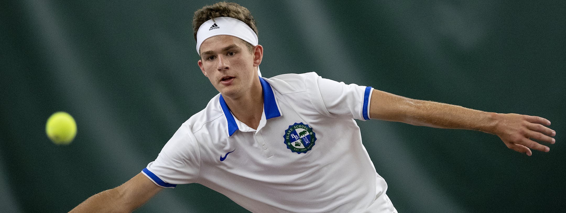 Joe Mairs of Blake during a match against Varun Iyer of Rochester Century. ] CARLOS GONZALEZ ï cgonzalez@startribune.com ñ June 6, 2018, Minneapolis, MN, Boyís High School / Prep Class 2A tennis team championship. University of Minnesota Baseline Center