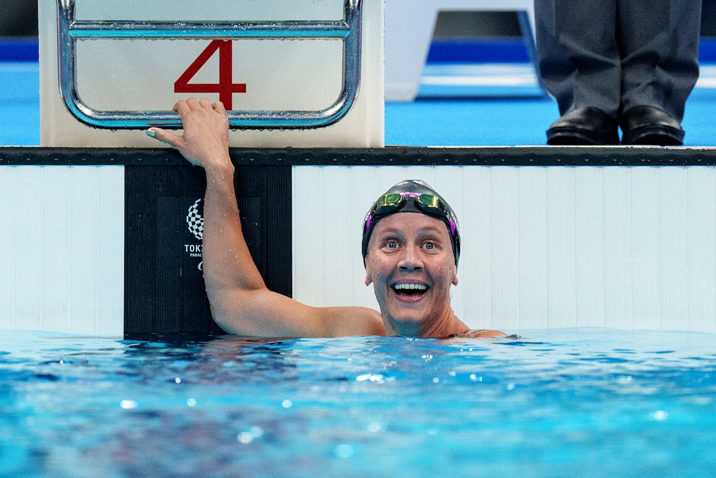 Mallory Weggemann of the U.S. reacts after winning the Women's 200m Individual Medley - SM7 Final at the Tokyo 2020 Paralympic Games in Tokyo Friday, Aug. 27, 2021. (Thomas Lovelock for OIS via AP)