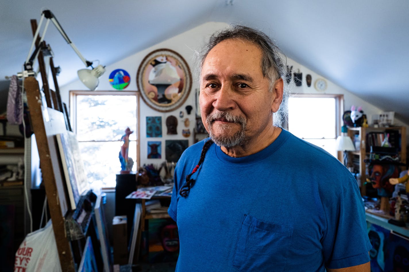 ] MARK VANCLEAVE • Minnesota artist Jim Denomie works in his Shafer, Minn. studio Friday, Jan. 25, 2019.