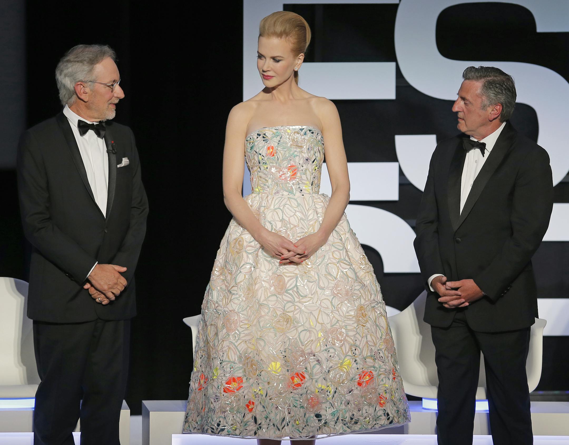 From left, director and jury president Steven Spielberg, actress Nicole Kidman and actor Daniel Auteuil attend the opening ceremony ahead of the screening of The Great Gatsby at the 66th international film festival, in Cannes, southern France, Wednesday, May 15, 2013. (AP Photo/Francois Mori)
