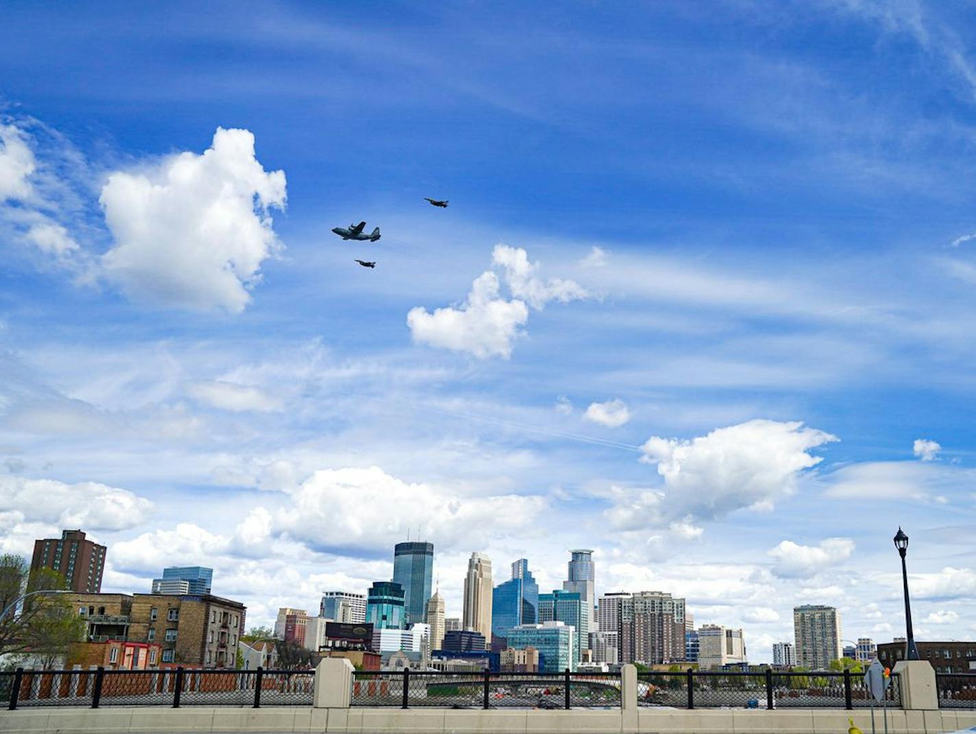 F-16 Fighting Falcons from the 148th Fighter Wing, Duluth, and C-130 Hercules aircraft from the 133rd Air Wing out of Fort Snelling in Saint Paul flew over Minneapolis Wednesday morning.The Minnesota National Guard conducted these statewide flyovers in recognition of those on the frontlines of the COVID-19 pandemic response.