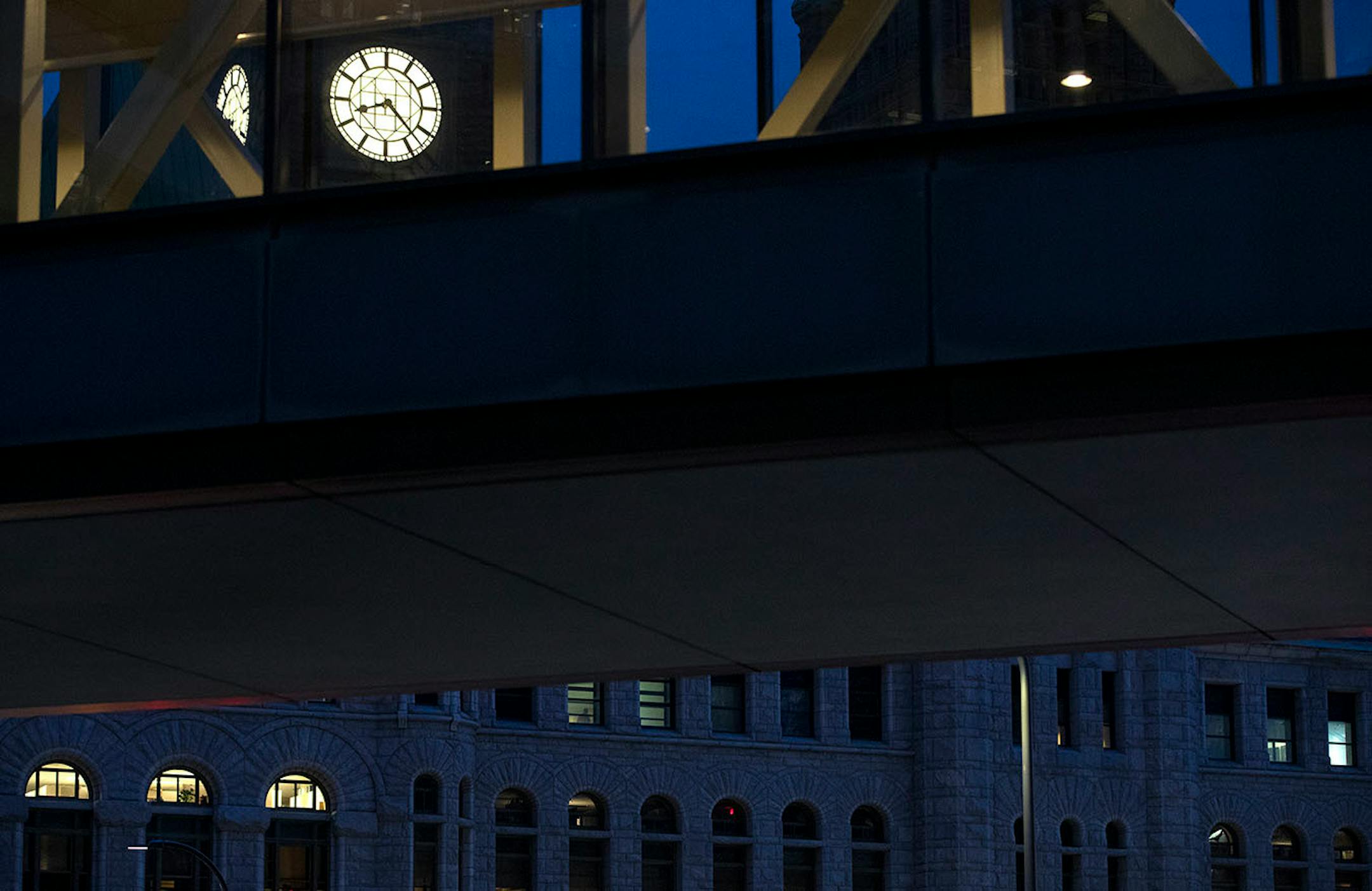 The renovated City Hall/Hennepin County Courthouse clock in Minneapolis.