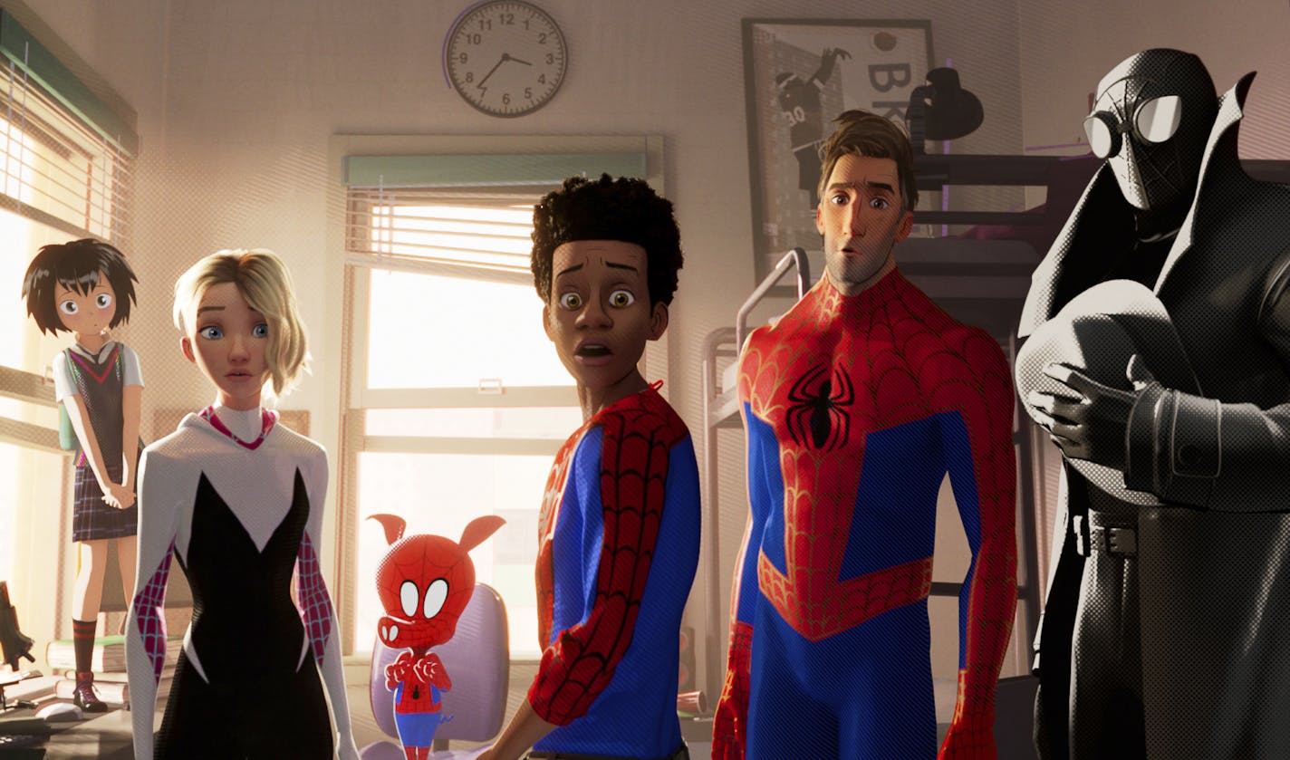 From left, Peni (voiced by Kimiko Glen), Spider-Gwen (Hailee Steinfeld), Spider-Ham (John Mulaney), Miles Morales (Shameik Moore), Peter Parker (Jake Johnson) and Spider-Man Noir (Nicolas Cage) in "Spider-Man: Into the Spider-Verse."