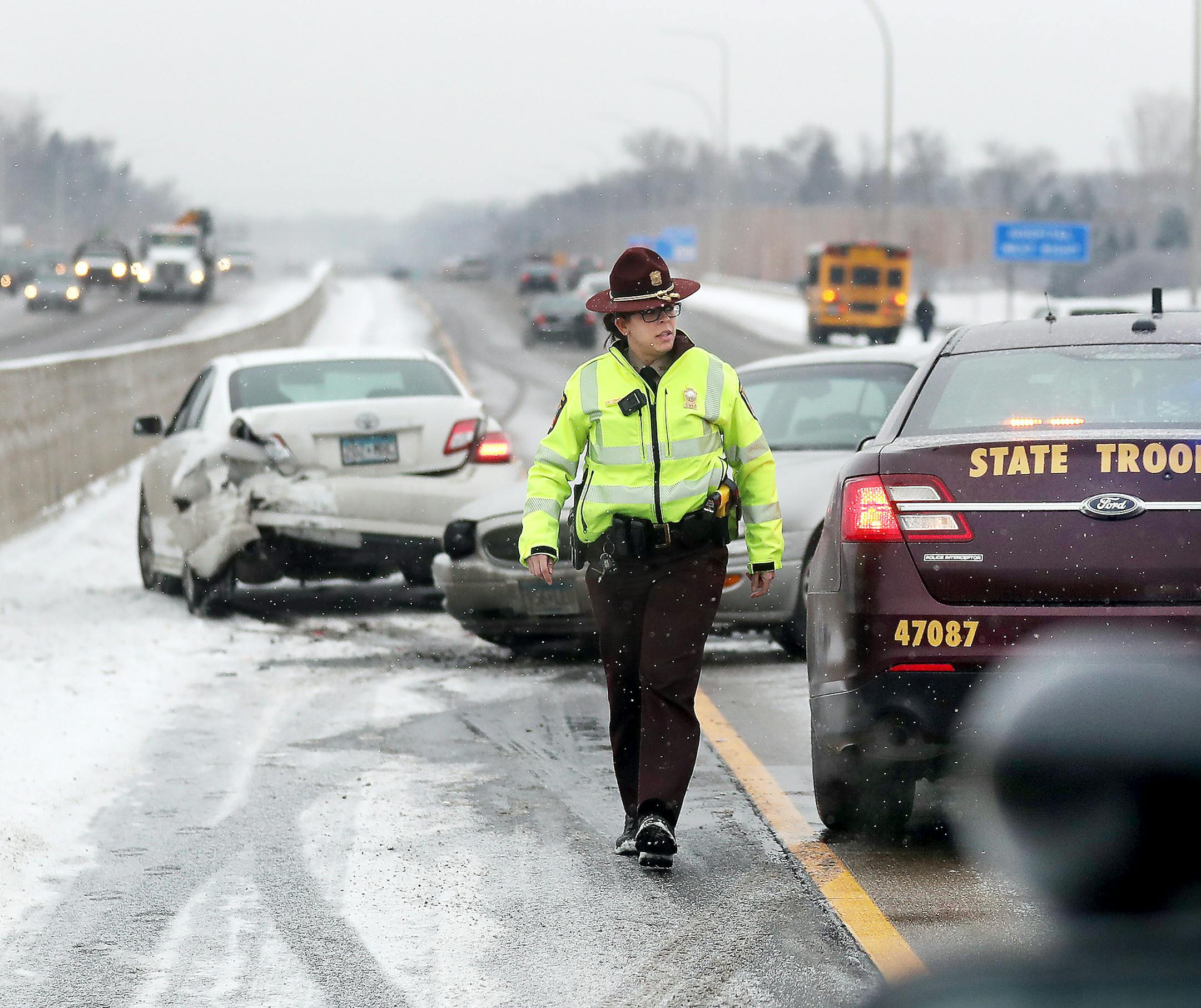 Minnesota State Patrol Trooper patrolled a snowy stretch of Hwy. 100 in January 2019.
