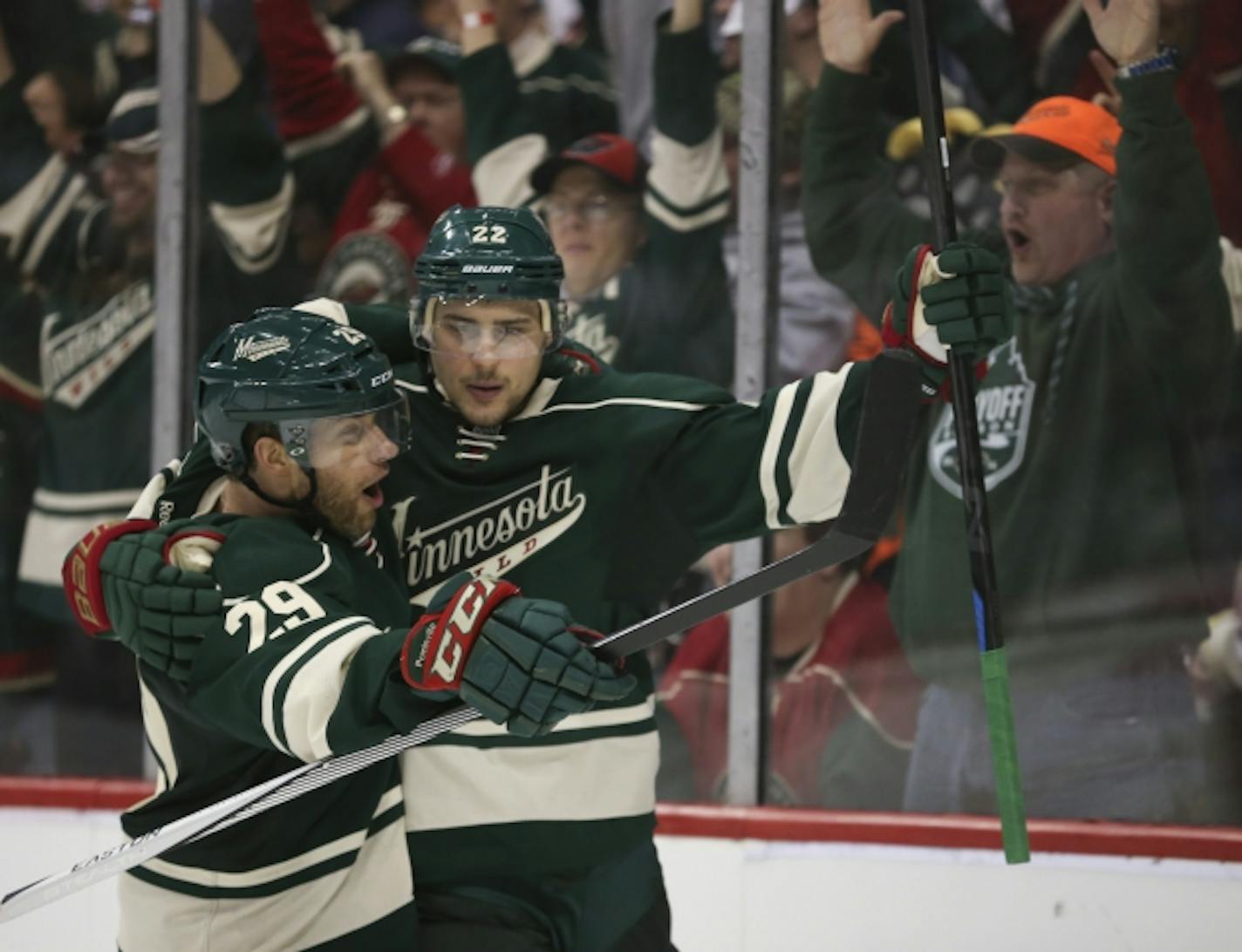 Minnesota Wild right wing Nino Niederreiter (22) was congratulated by Jason Pominville (29) after he scored an empty net goal in the third period Monday night.    ]    JEFF WHEELER ' jeff.wheeler@startribune.com   The Minnesota Wild shut out the St. Louis Blues 3-0 in game 3 of their NHL playoff series Monday night, April 20, 2015 at Xcel Energy Center in St. Paul.