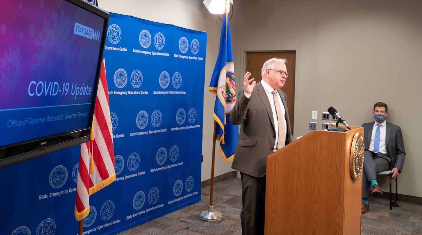 Minnesota Governor Tim Walz announced new guidelines this week for restaurants, bars, salons and barber shops. On the right is Economic Development Commissioner Steve Grove.