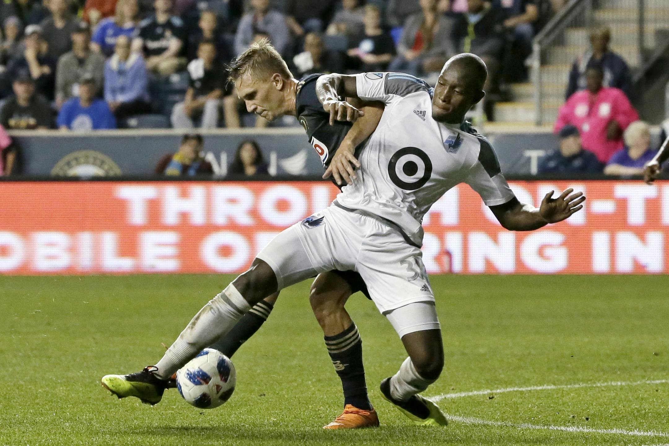 Union's # 10 Borek Dockal and United's #31 Maximiano battle for a ball in the 2nd half of the Minnesota United at Philadelphia Union MLS match at Talen Energy Stadium in Chester, Pa. on October 6, 2018. MANDATORY CREDIT: ELIZABETH ROBERTSON / Staff Photographer