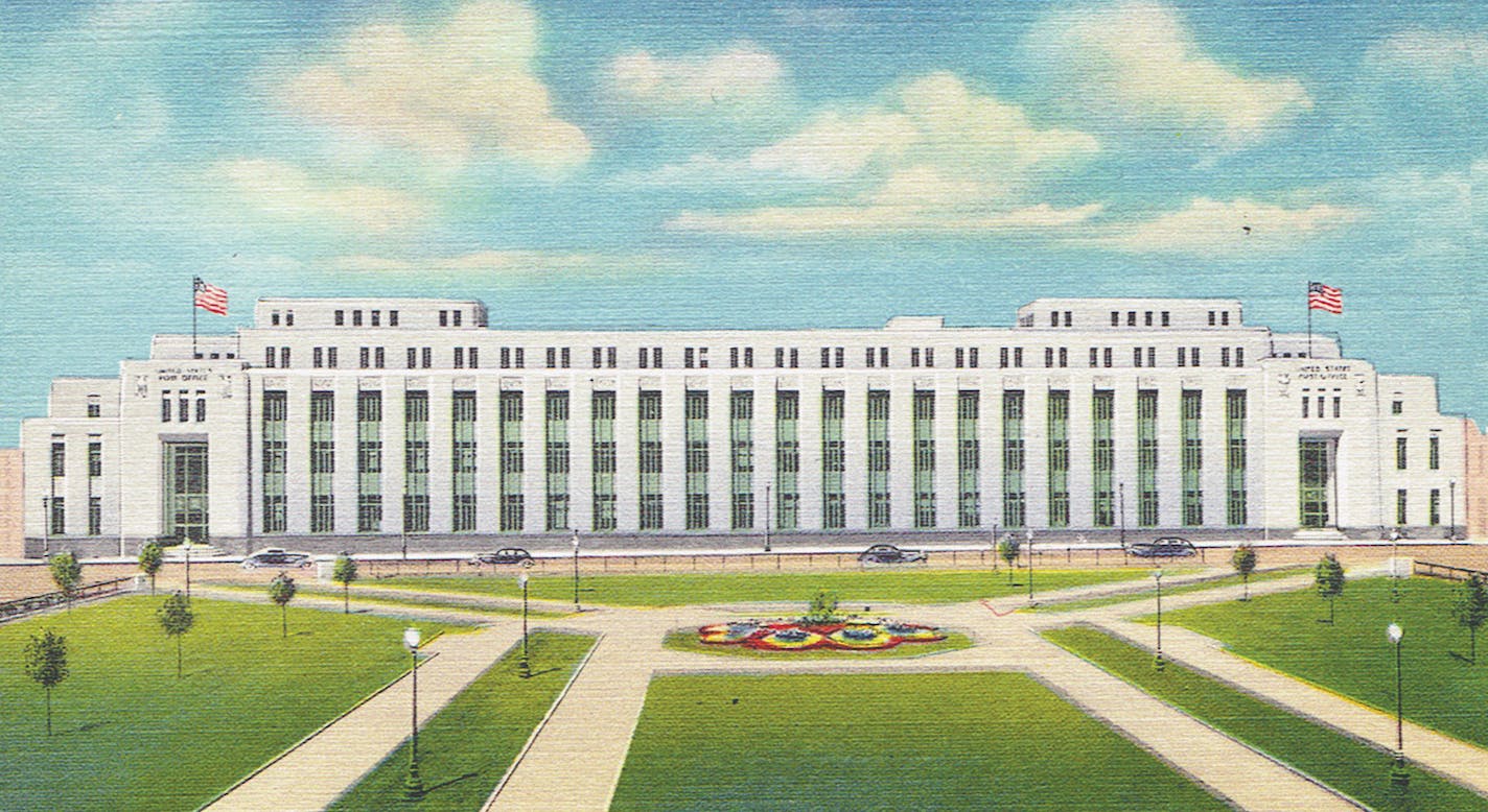 When it was first built, the Minneapolis Post Office faced a formal park that created an entrance for the commanding building.