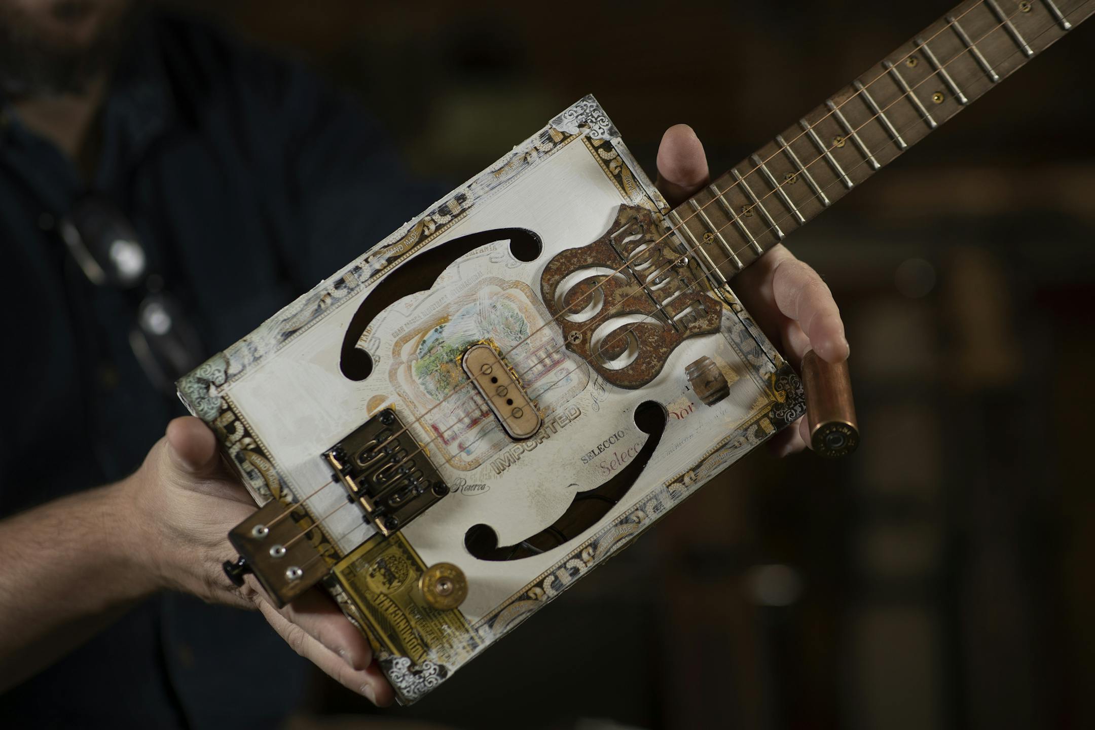 The cigar box guitars made by Gipson Shoemaker III are similar to homemade instruments that date back to the 19th century, made by musicians who couldn't afford a real guitar.