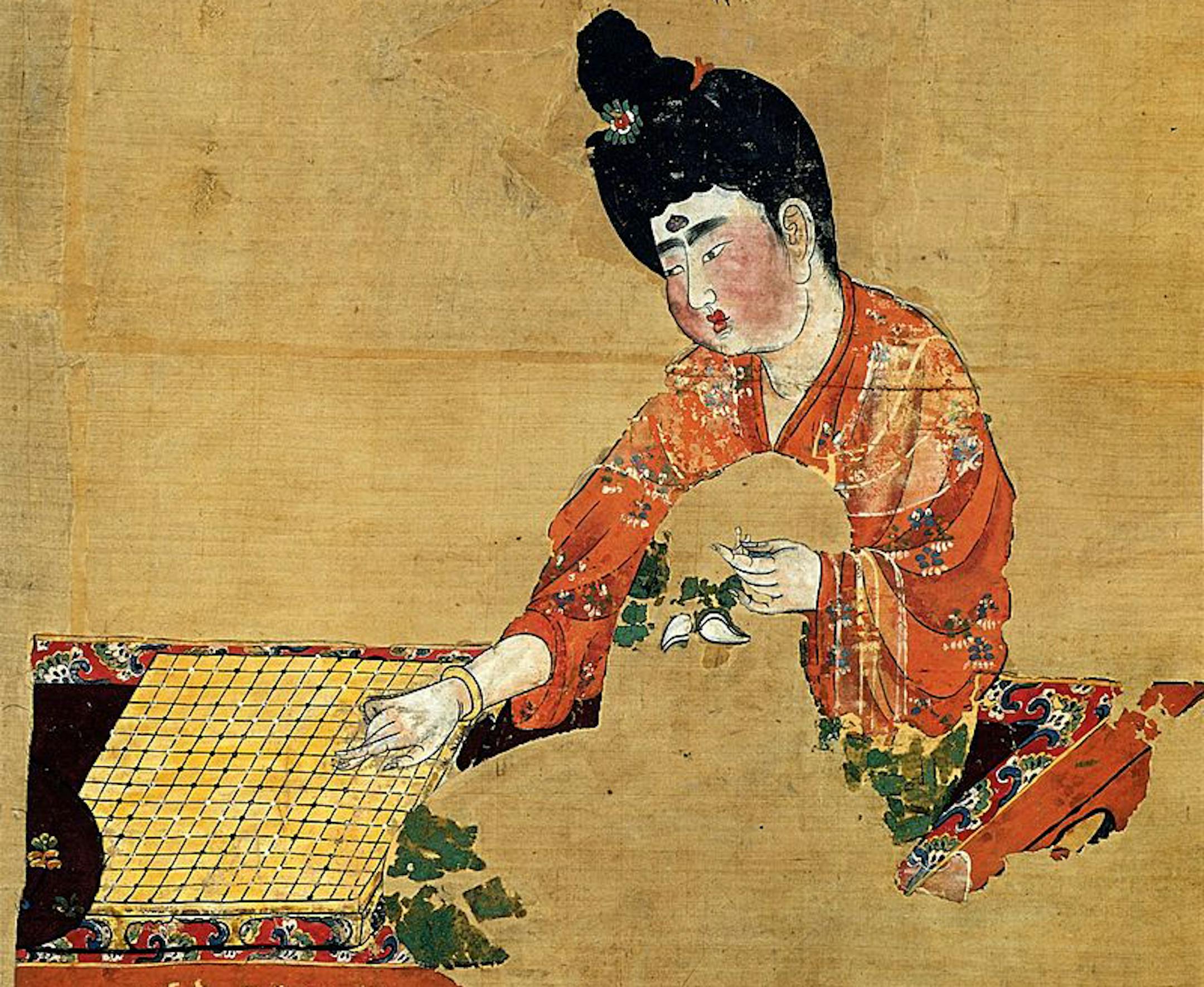 Woman Playing Go (Tang Dynasty c. 744), discovered at the Astana Graves Anonymous - Zhongguo gu dai shu hua jian ding zu (?????????). 1997. Zhongguo hui hua quan ji (??????). Zhongguo mei shu fen lei quan ji. Beijing: Wen wu chu ban she. Volume 1.