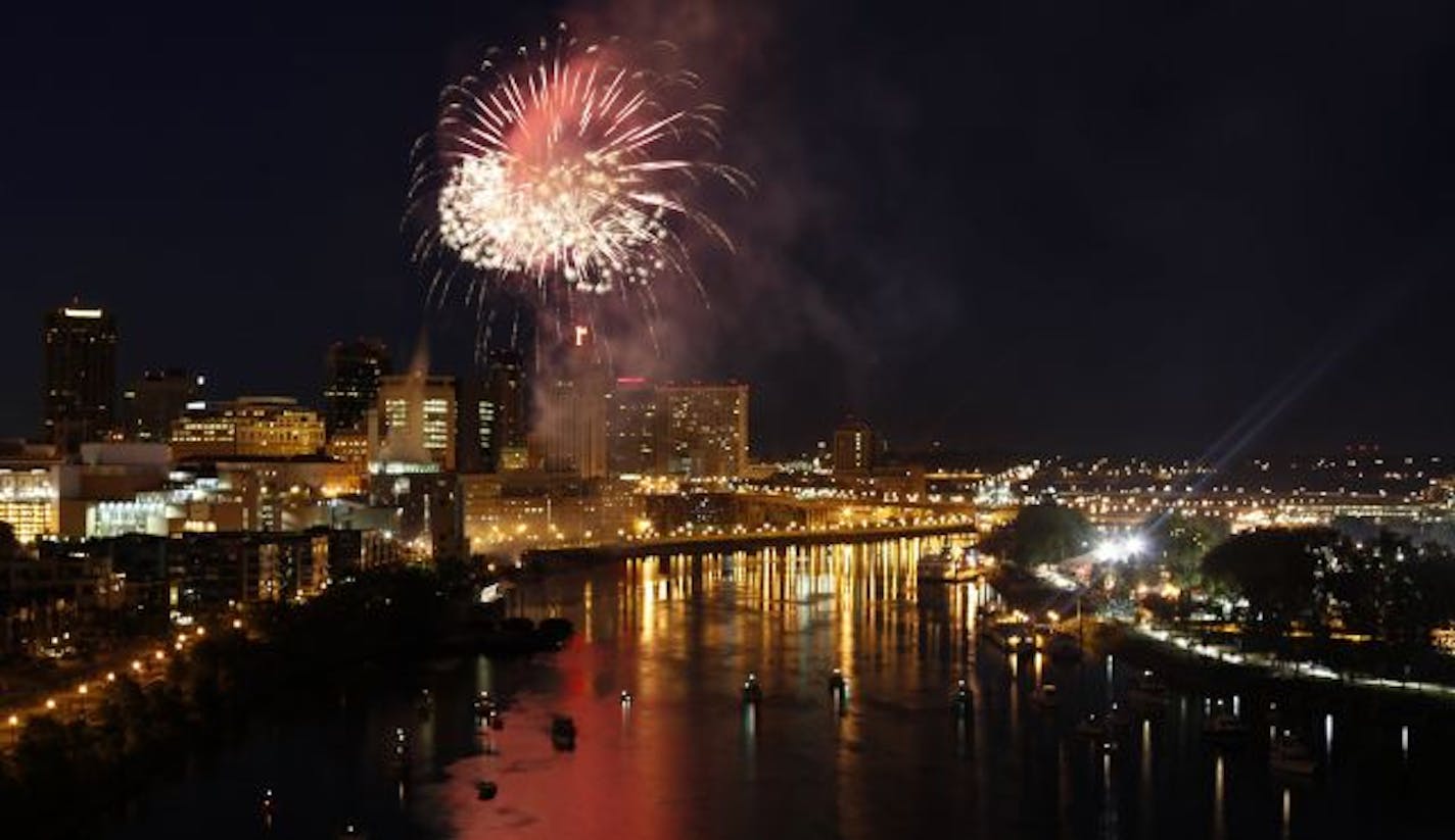 Anthony Souffle � anthony.souffle@startribune.com Bloomington, Minn - July 2, 2009 - ] Fireworks light up the Mississippi River as patrons watch from both boats as well as the fair grounds during the 2009 Taste of Minnesota Thursday evening on Harriet Island in St. Paul.