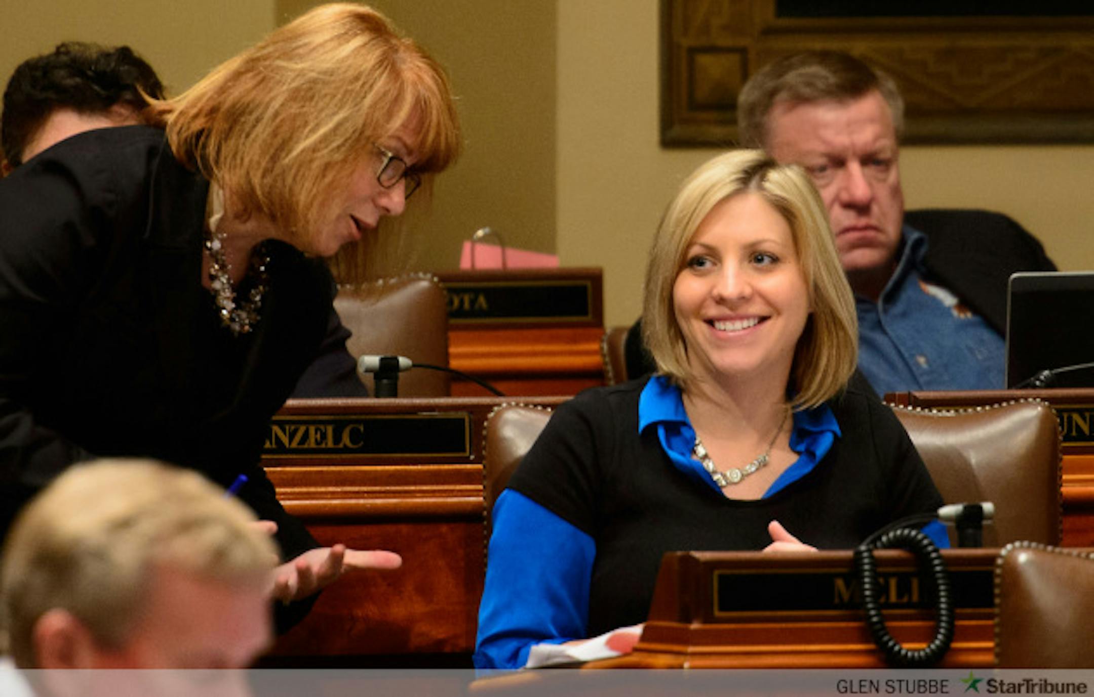 Majority Leader Erin Murphy stopped to talk with Rep. Carly Melin as she defended her medical marijuana bill on the House floor which faced 46 amendments.        ]      Thursday, May 8, 2014   GLEN STUBBE * gstubbe@startribune.com      ]      Thursday, May 8, 2014   GLEN STUBBE * gstubbe@startribune.com  House