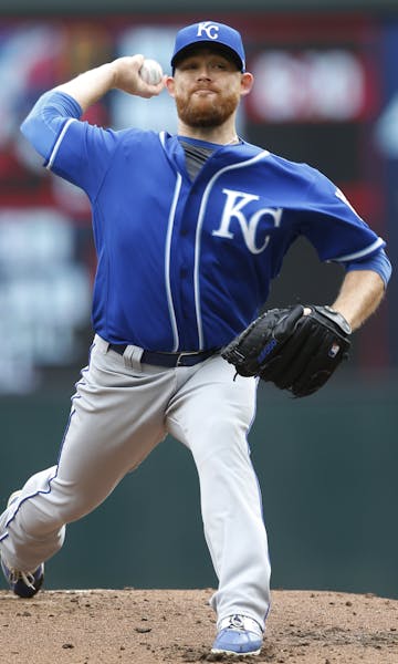 Kansas City Royals pitcher Ian Kennedy throws against the Minnesota Twins in the first inning of a baseball game Wednesday, April 5, 2017, in Minneapo