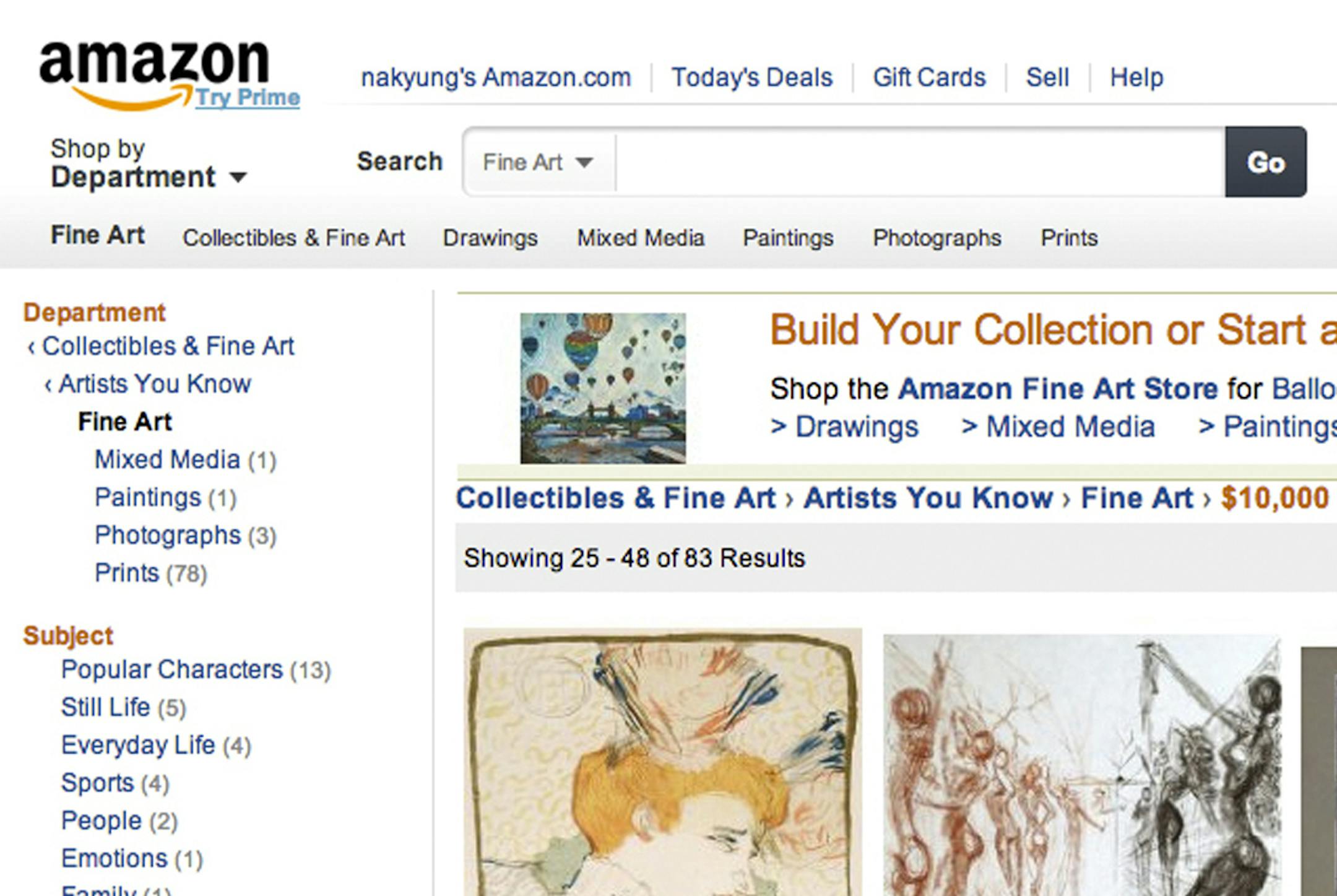 In an undated handout photo, artwork for sale on Amazon.com. Amazon is betting that millions of buyers will happily buy paintings and prints online, and its venture seems to be doing well, as it has enticed more than 180 galleries to sell through its site. (Handout via The New York Times) -- NO SALES; FOR EDITORIAL USE ONLY WITH STORY SLUGGED AMAZON ARTWORKS BY WILLIAM GRIMES. ALL OTHER USE PROHIBITED. ORG XMIT: MIN2013100710262309