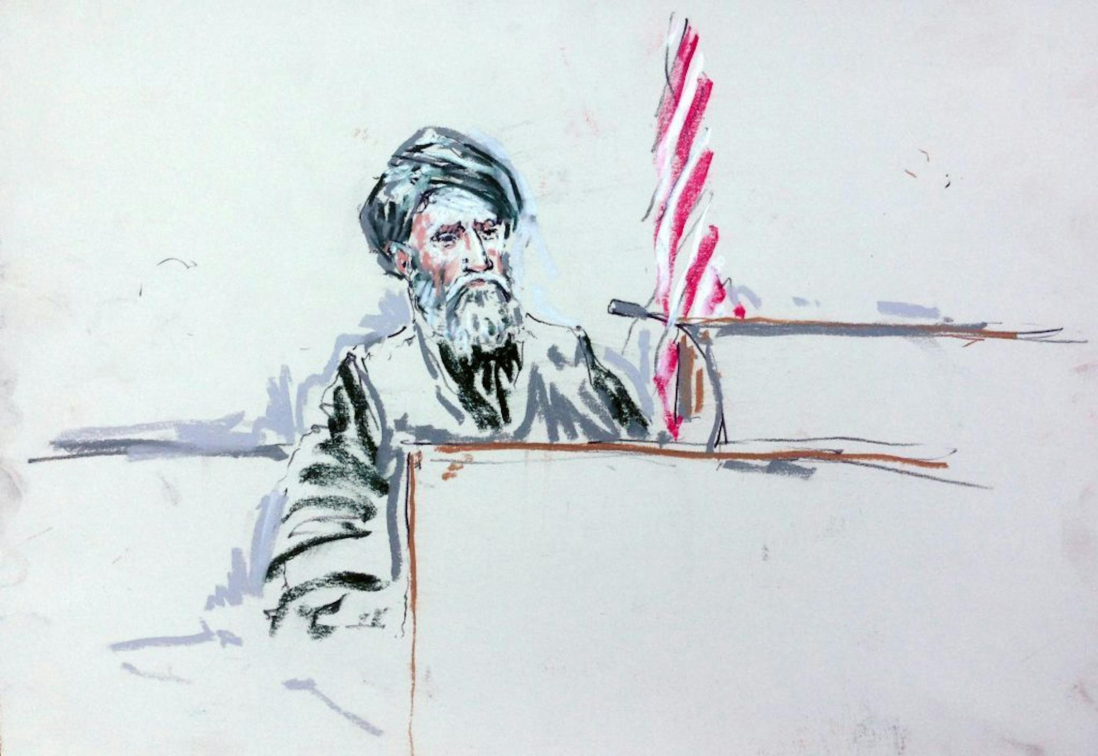 In this courtroom sketch, Haji Mohammad Naim, an Afghan farmer shot during a massacre in Kandahar Province last year, took the witness stand Tuesday at a sentencing hearing for Staff Sgt. Robert Bales.