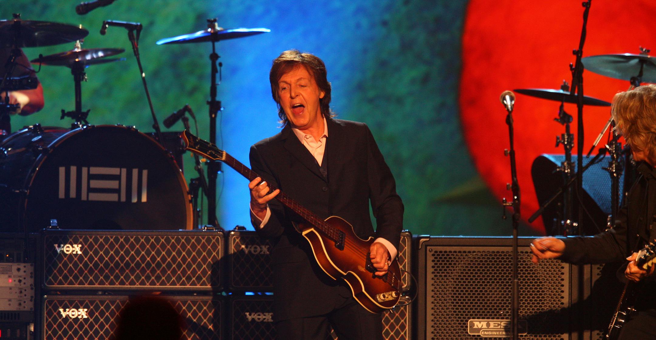 FILE - In this Jan. 27, 2014 file photo, Paul McCartney performs at The Night that Changed America: A Grammy salute to the Beatles, in Los Angeles. The pop legend is set to return to Candlestick Park to offer a swan song to the San Francisco 49ers' former stadium. McCartney's website posted a statement Thursday, April 24, 2014, confirming that the former Beatle will perform on Aug. 14, 2014, at what is being billed as the last concert at Candlestick. (Photo by Zach Cordner/Invision/AP, file)