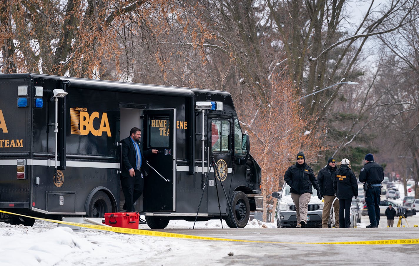 Investigators, including the Minnesota BCA, on the scene of a shooting where a man was shot and critically wounded by Minneapolis police responding to a domestic-related assault on the 3100 block of N. Thomas Avenue.