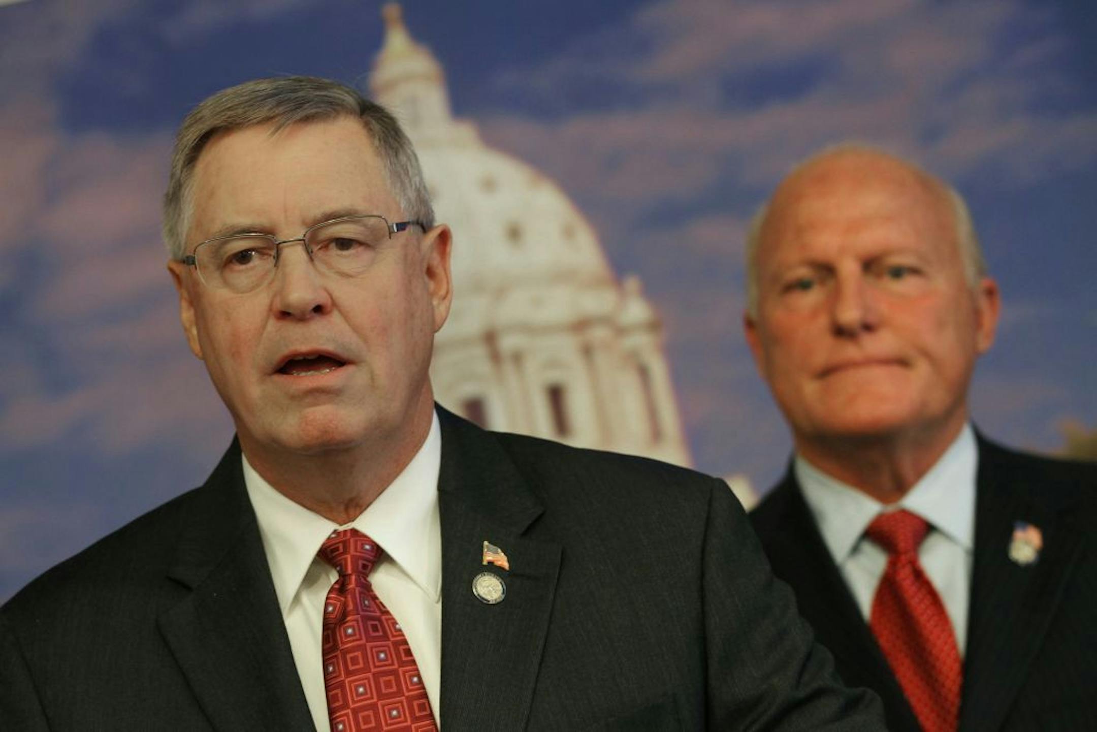 Sens. Scott Newman, left, and Mike Parry accused Secretary of State Mark Ritchie of playing politics with the voter ID amendment.