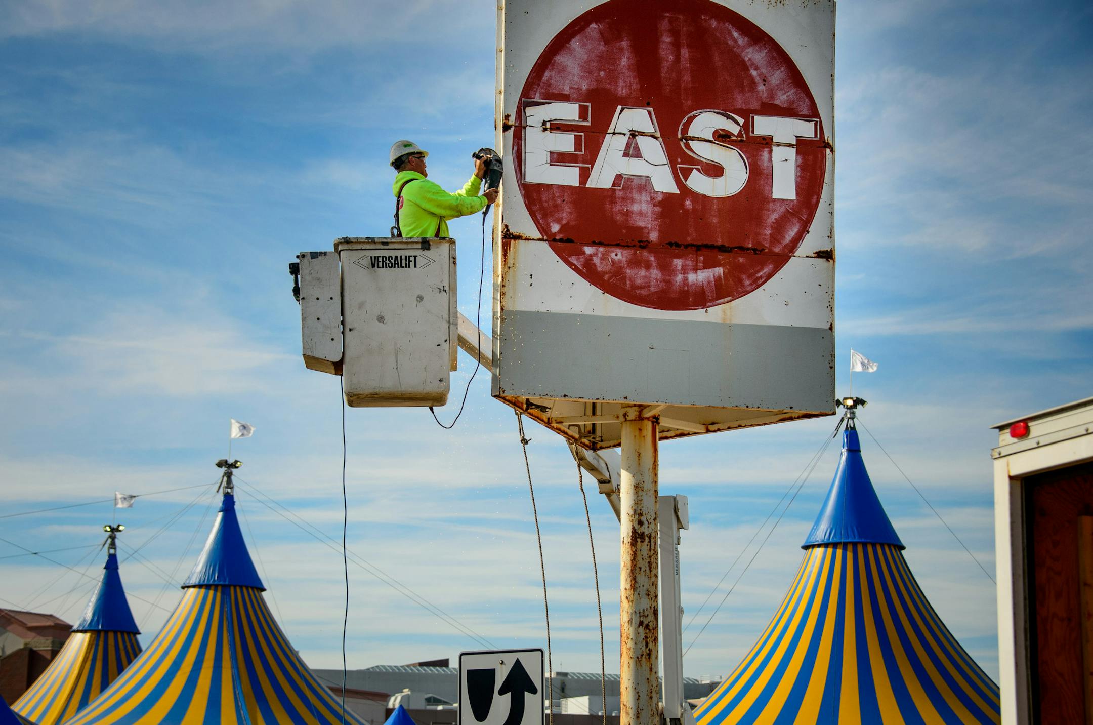 The last standing piece of Met Stadium was taken down at 10 a.m. Monday, September 23, 2013 . The parking sign in the North parking lot at Mall of America, was the final piece of decades of MN history that took place at Met Stadium. The sign will be autographed by past players and auctioned to raise money for JDRF, the leading global organization focused on type 1 diabetes research. ] GLEN STUBBE * gstubbe@startribune.com