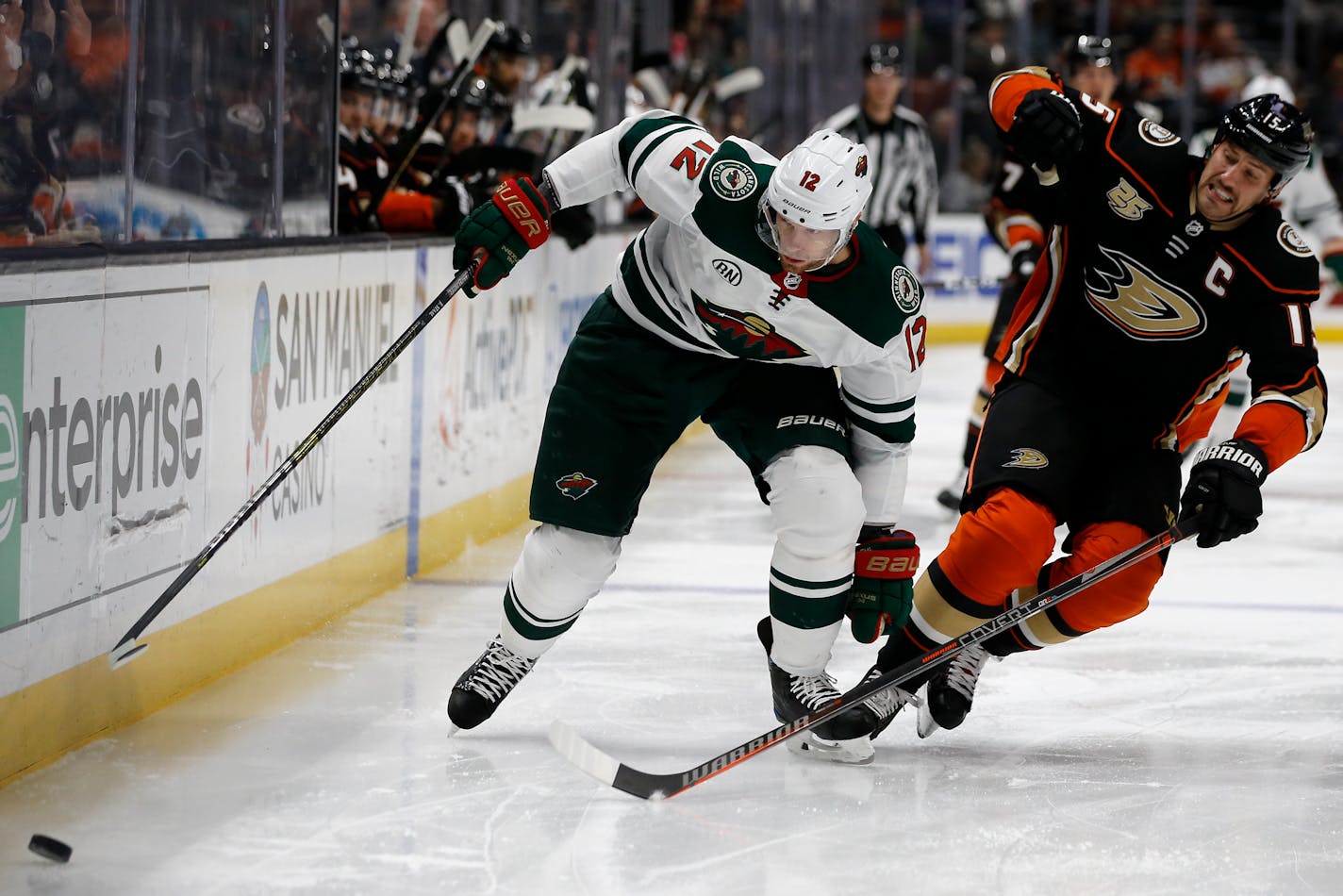 Wild center Eric Staal boxes out Ducks center Ryan Getzlaf on Friday.