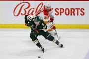 Wild winger Kirill Kaprizov (shown vs. Calgary on Tuesday) will miss three to four weeks because of a lower-body injury.
