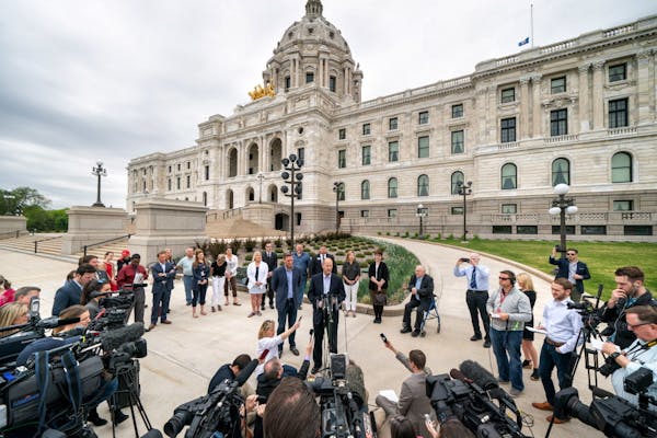 Republican legislative leaders House Speaker Kurt Daudt and Senate Majority Leader Paul Gazelka spoke outside the State Capitol on Monday.