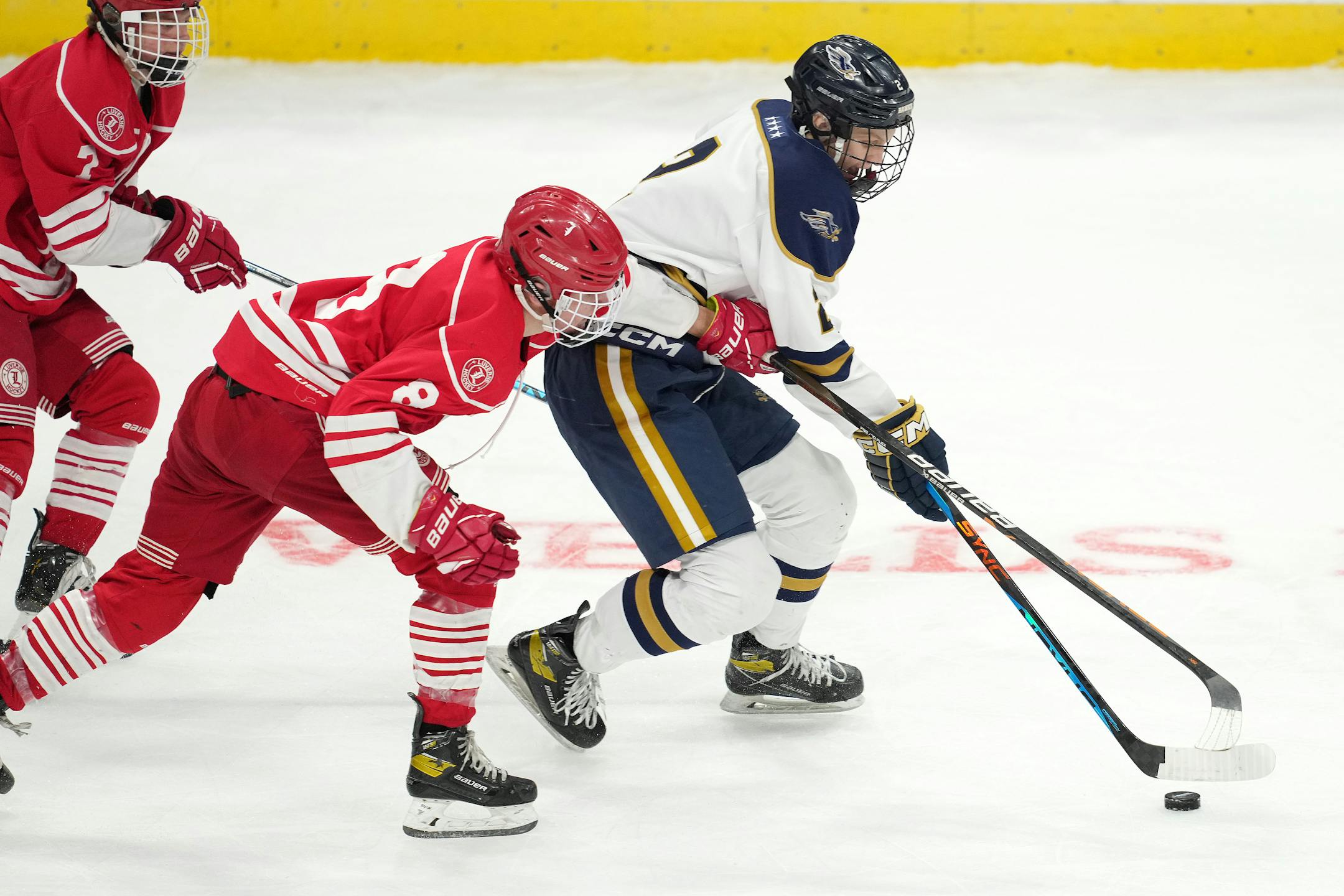 Hermantown defenseman Henry Peterson (2) and Luverne forward Brady Bork (8) fight for the puck in the second period of a MSHSL Class 1A quarterfinal hockey game between Luverne and Hermantown.