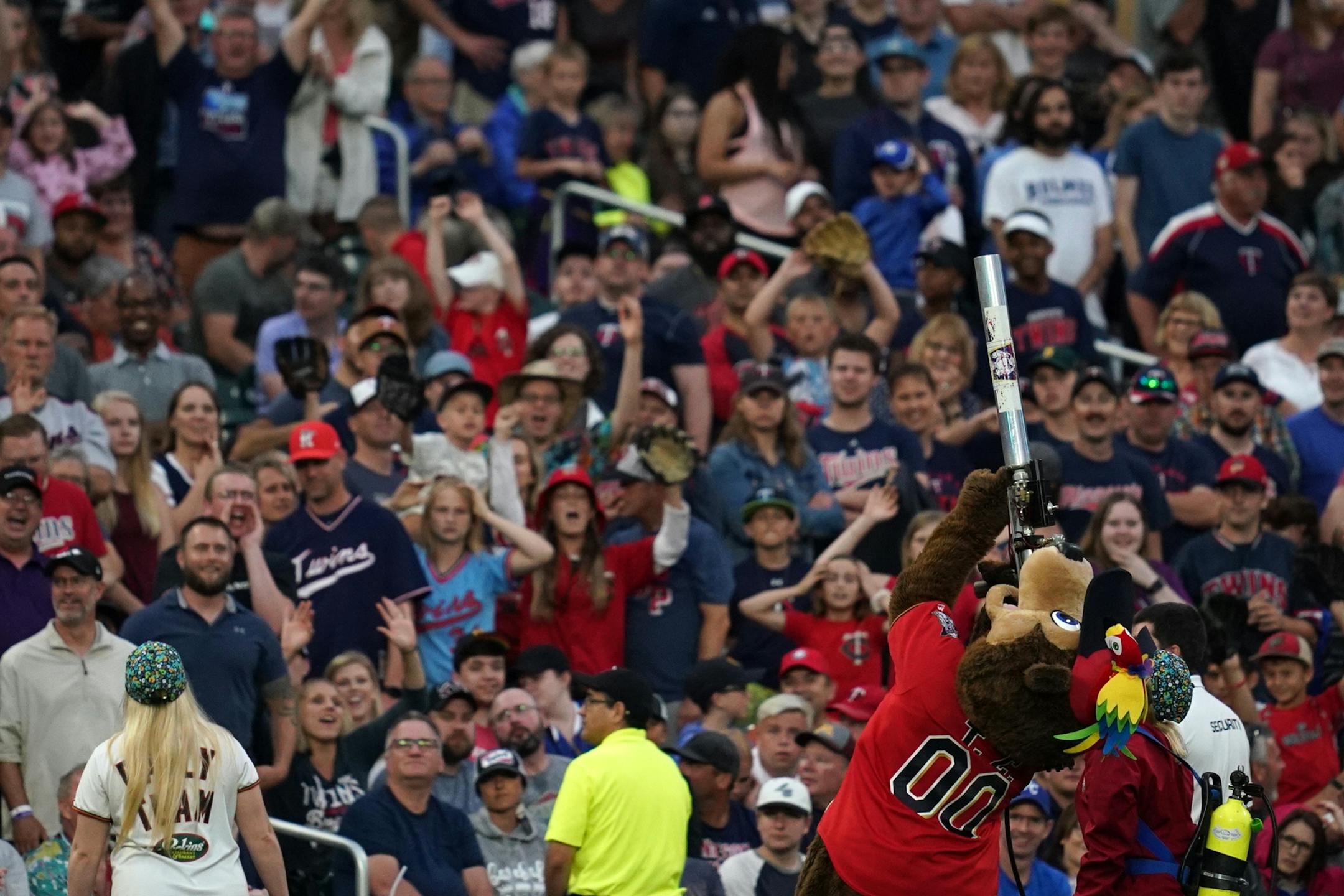 T.C. Bear entertained the crowd with a t-shirt launcher between innings.