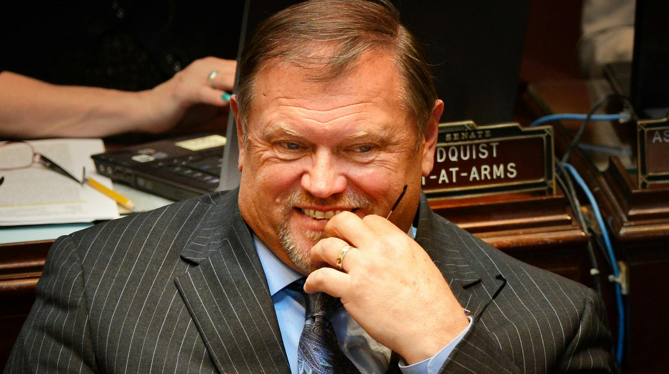 Senate Majority Leader Tom Bakk smiled on the senate floor before the first tax bill vote. The Senate debated the tax bill Monday, April 29, 2013 in the Senate chamber at the State Capitol. ] GLEN STUBBE * gstubbe@startribune.com