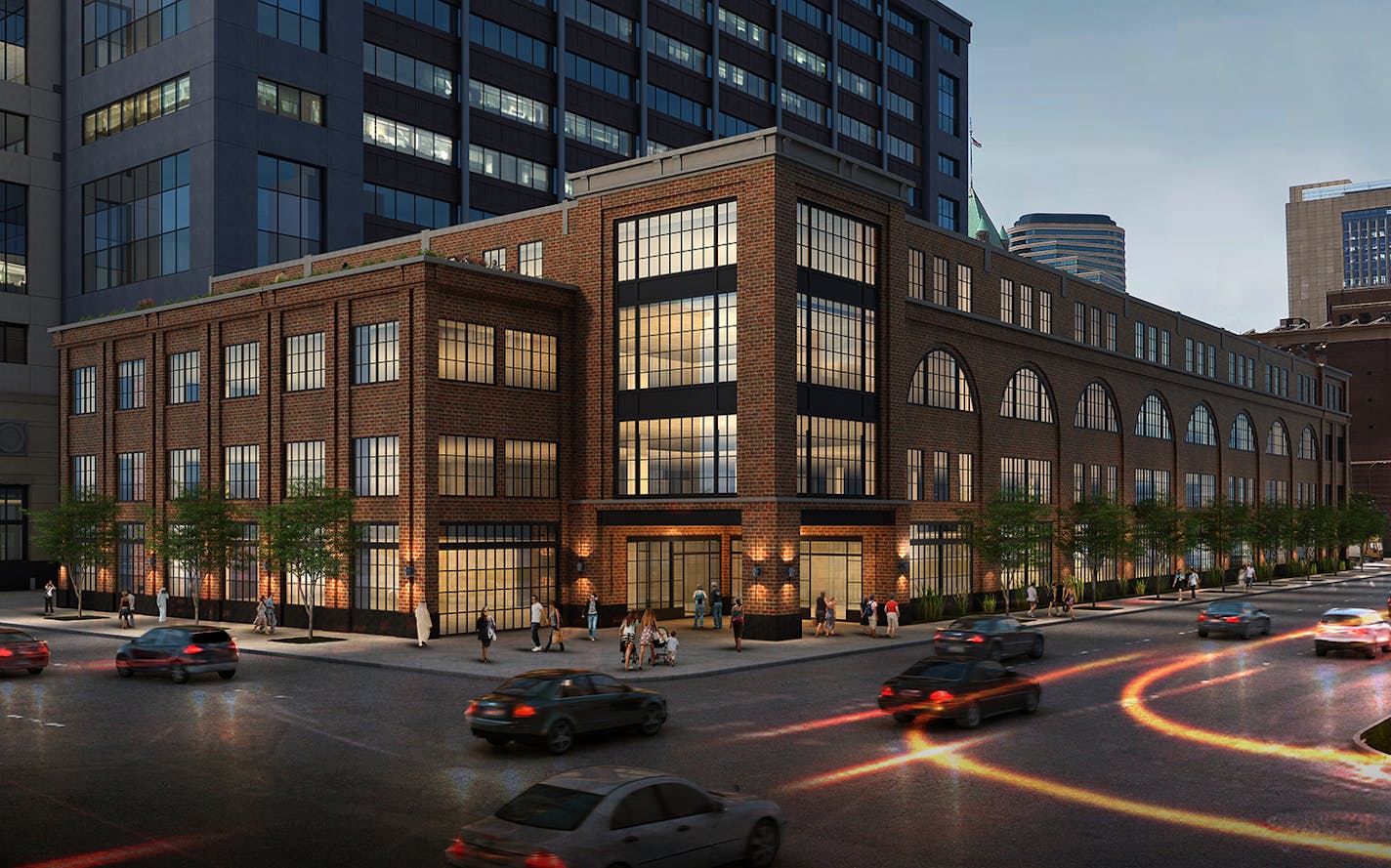 Rendering shows the exterior from Third St. and Portland Ave. of the Millwright Building, the new corporate office of Ryan Cos. It is behind one of the Wells Fargo towers Ryan built as the anchor of its Downtown East development.