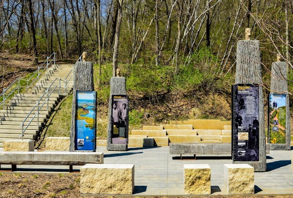 The new welcome plaza at the base of He Mni Can, also known as Barn Bluff, helps visitors learn about the Native American history of the riverside lan