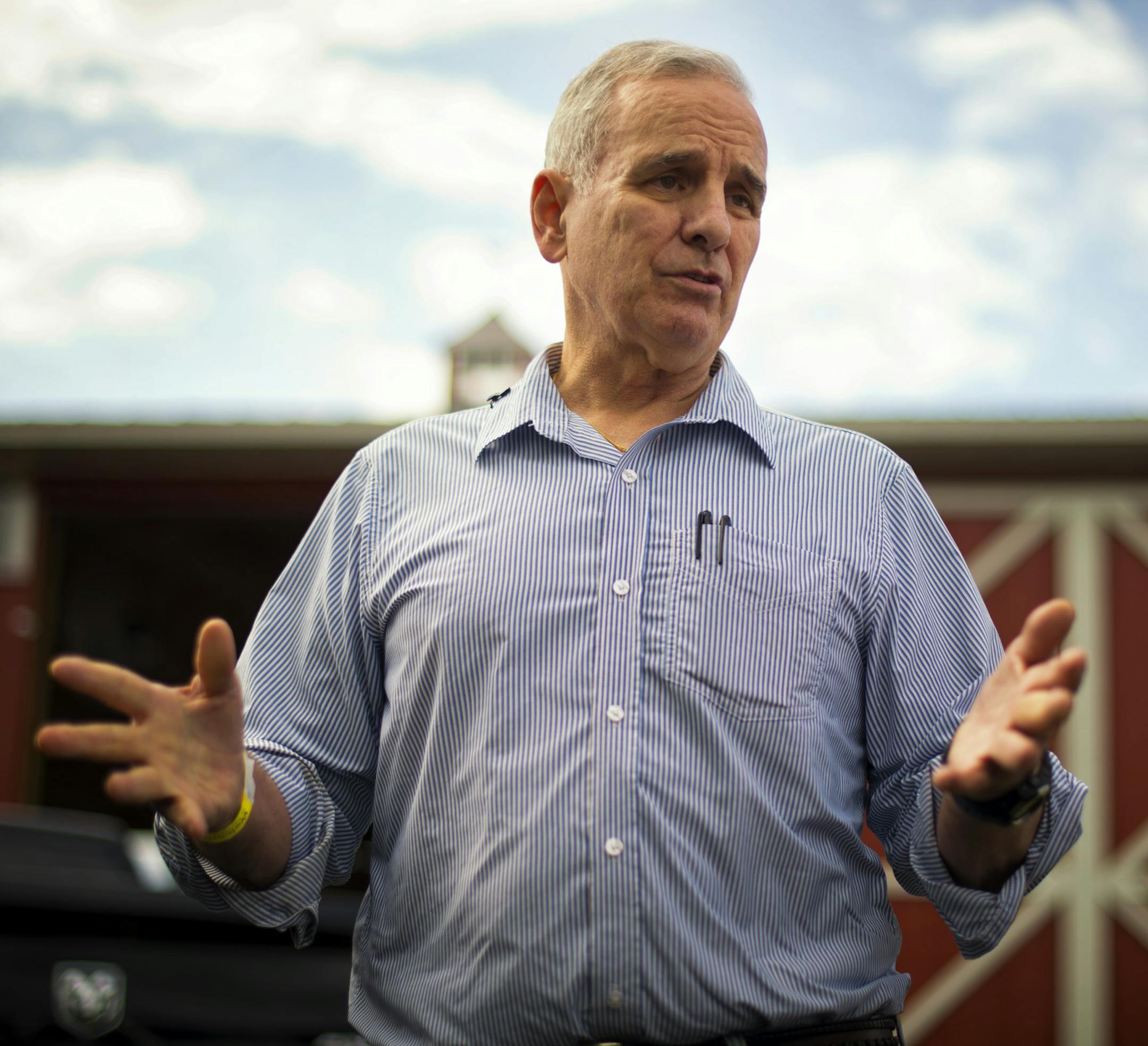 Governor Mark Dayton spoke to the media after delivering the keynote speech at Farmfest the outstate agricultural trade show held each year at Gilfillian Estate in Redwood County, Minnesota, Thursday August 8, 2013 ] GLEN STUBBE * gstubbe@startribune.com