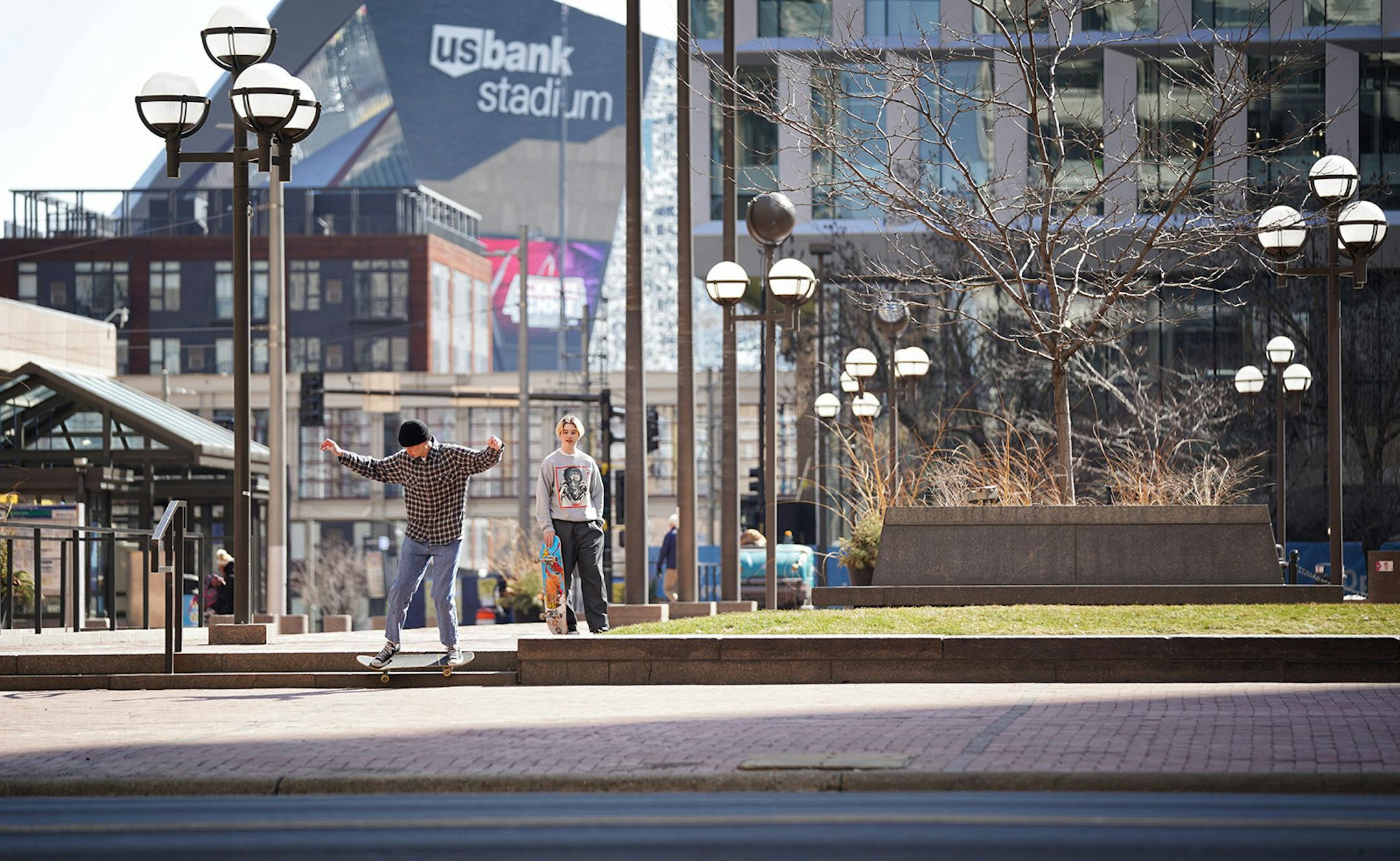Kids on bicycles and skateboards took advantage of closed schools and mostly empty space at Government Plaza in downtown Minneapolis over the lunch hour.