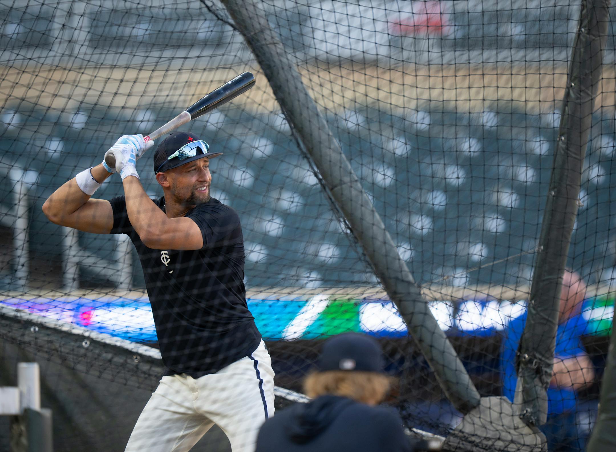 Twins infielder Royce Lewis hit in the batting cage during practice Monday afternoon. The Minnesota Twins worked out at Target Field in Minneapolis Monday, October 2, 2023, the day before they face the Toronto Blue Jays in an American League Wild Card Playoff Series.