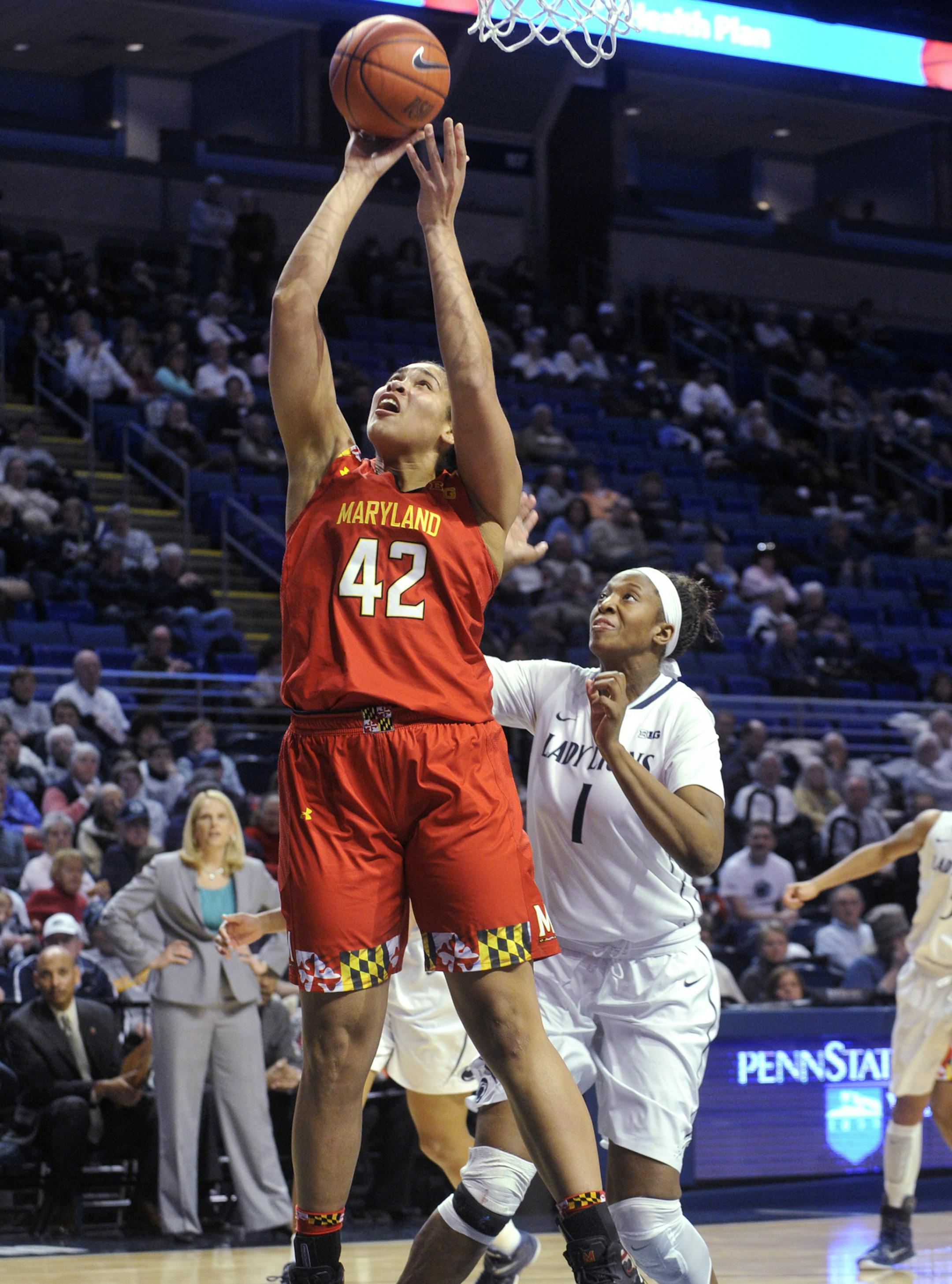 Maryland's Brionna Jones shoots against Penn State's Candice Agee during an NCAA college basketball game Thursday, Feb. 5, 2015, in State College, Pa. (AP Photo/Centre Daily Times, Christopher Weddle)